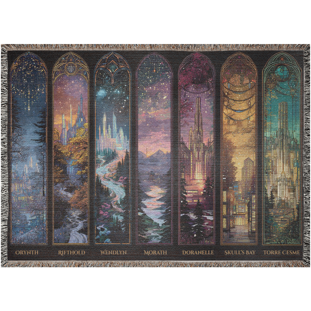 Scenes of throne of Glass woven blanket, fantasy themed woven throw with river and city artwork, jewel tone fantasy city blanket with decorative fringe, illustrated city realm blanket for cozy décor