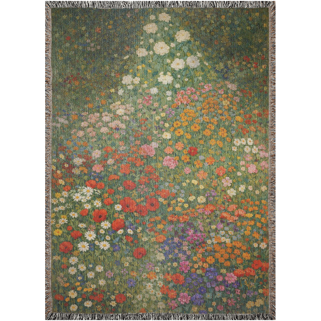 garden inspired woven throw blanket with textured weave, floral art tapestry blanket with fringe border detail