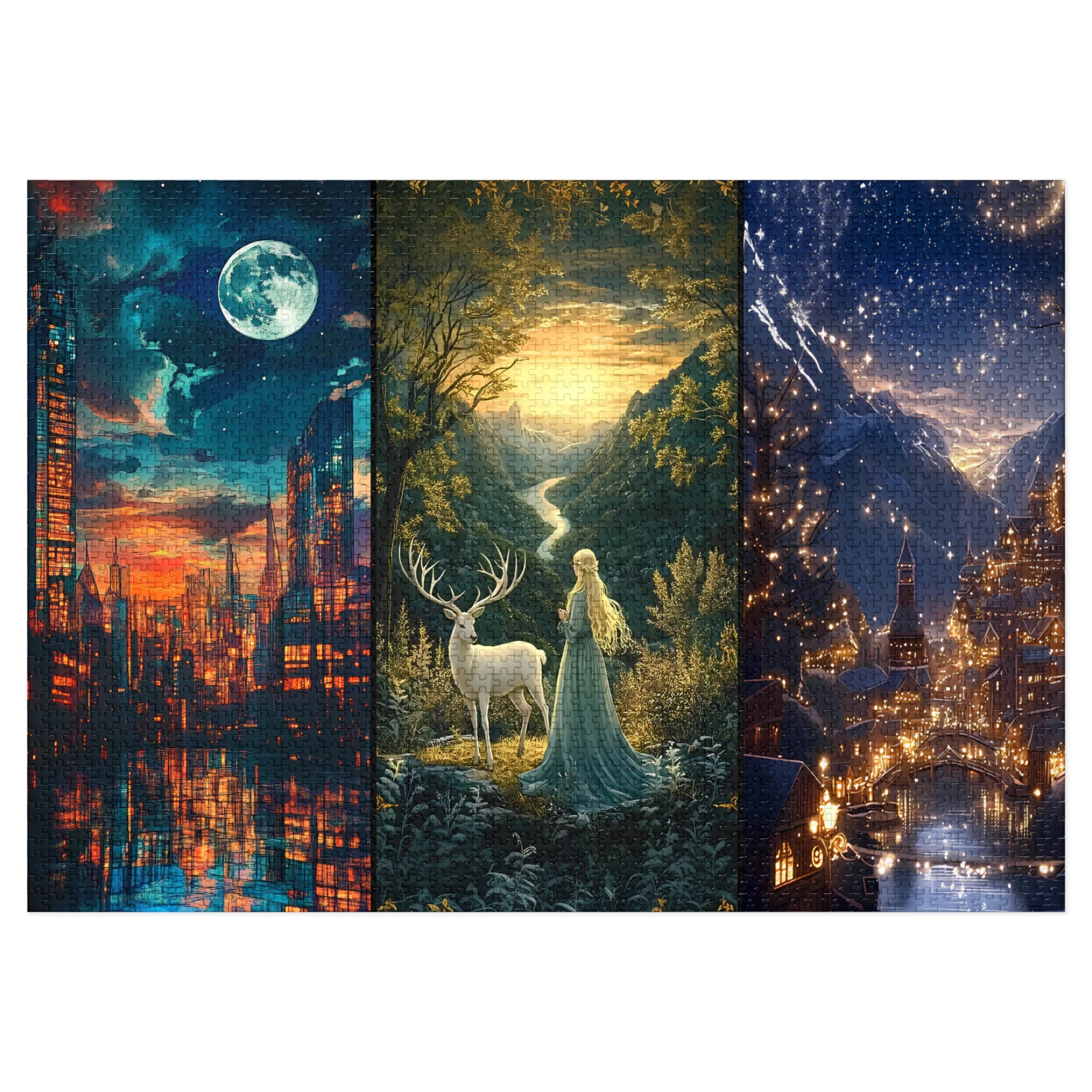 Fantasy Triptych Jigsaw Puzzle for Adults | Forest Deer, Moonlit City & Starry Village Art