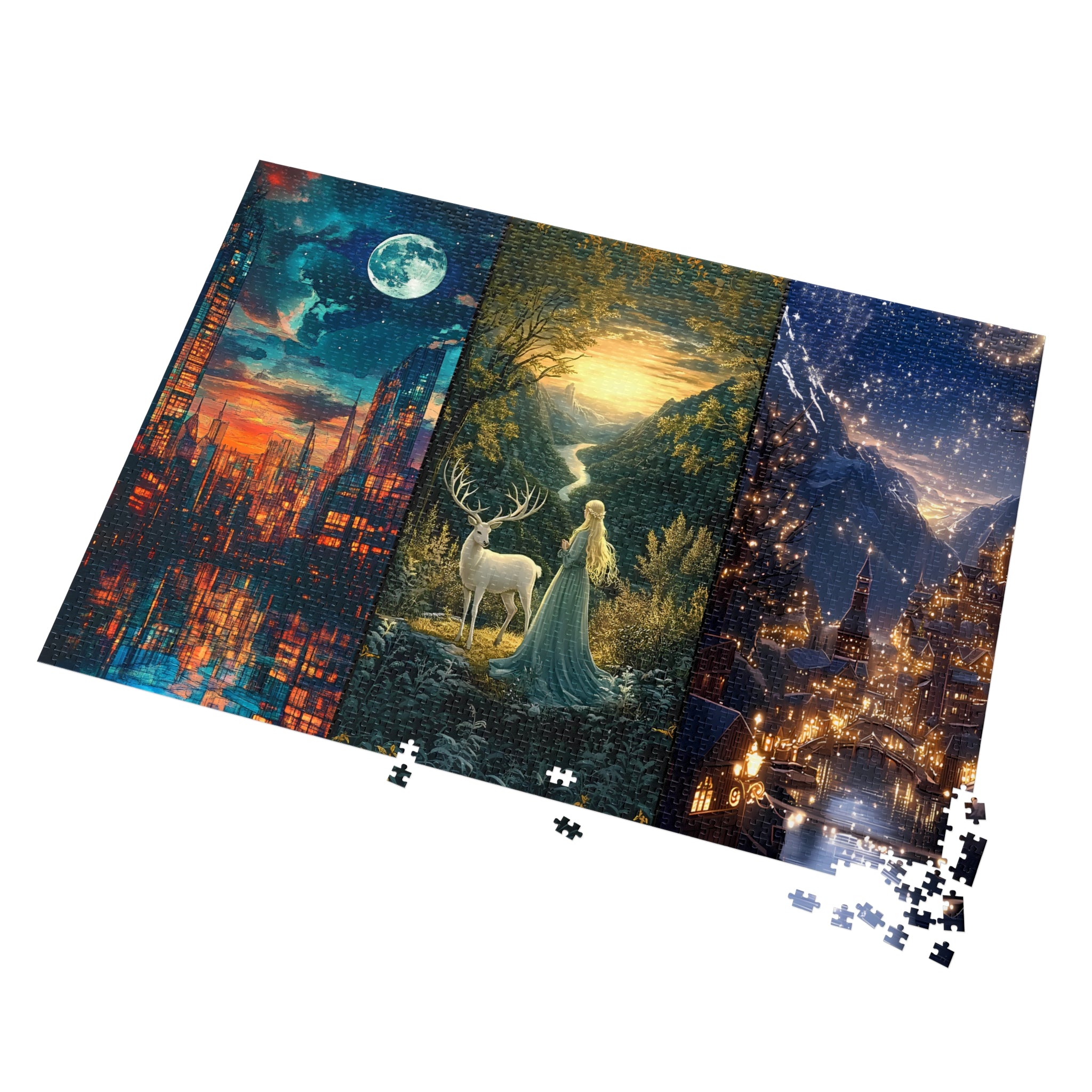 Fantasy Triptych Jigsaw Puzzle for Adults | Forest Deer, Moonlit City & Starry Village Art