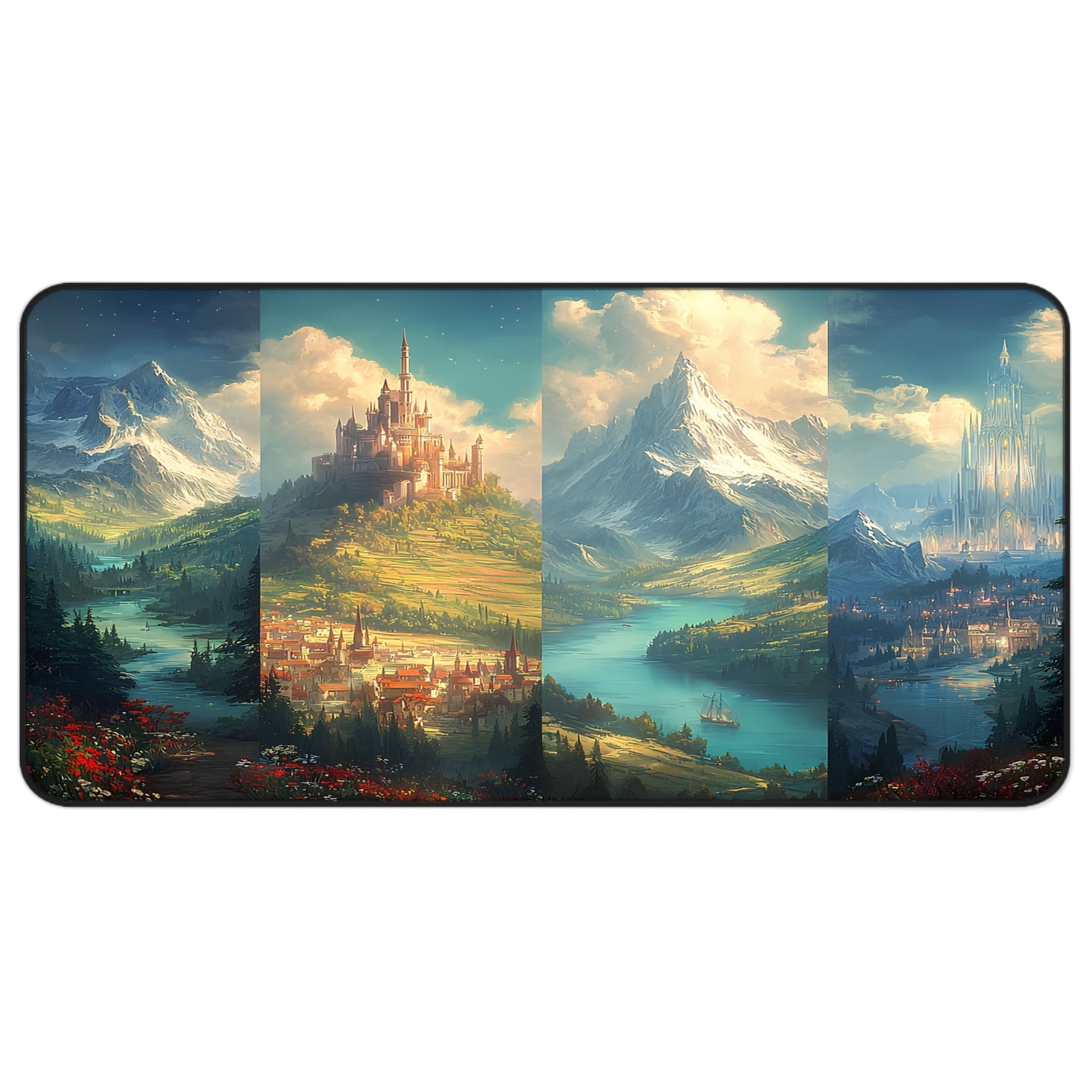 dreamy castle desk mat for cottagecore decor, fantasy gamer mouse pad with stitched edges