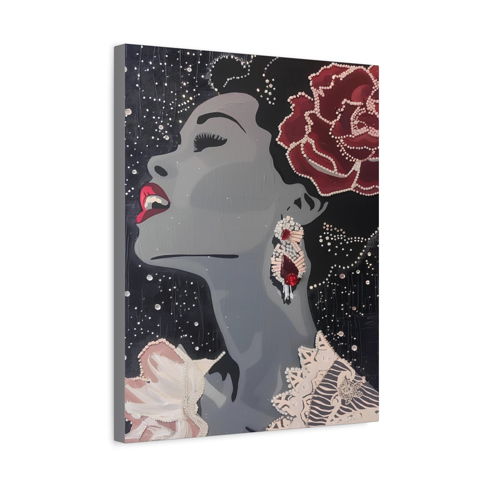 decorative music room statement canvas with textured finish, contemporary Afrocentric jazz art with clean edge wrap, gallery style stretched canvas tribute to legendary singer