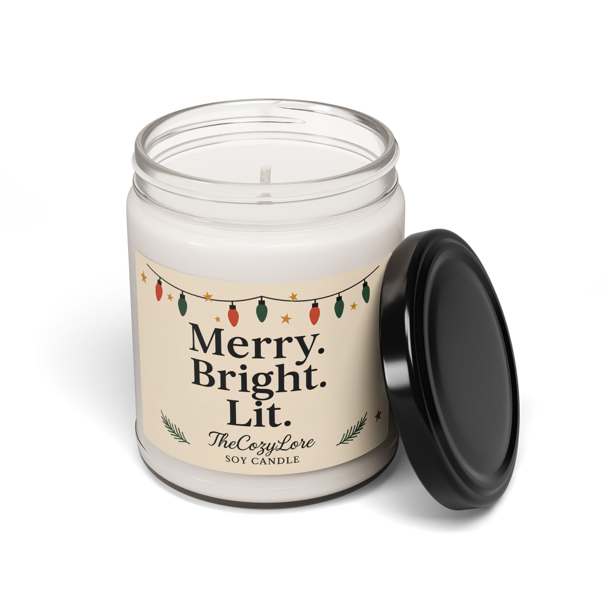 Merry Bright Lit Holiday Soy Candle Christmas Decor Jar, Winter Scented Gift for Home