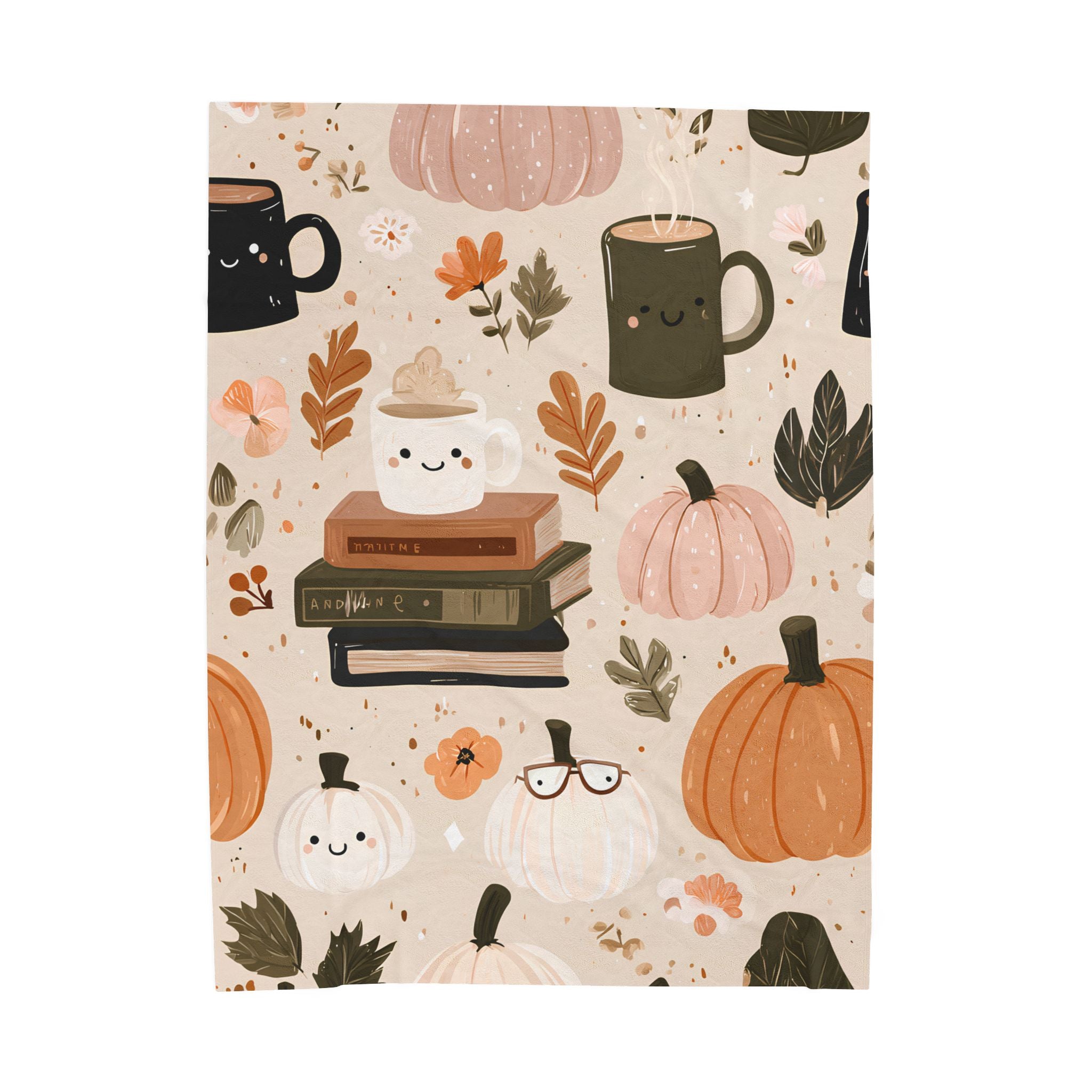 Cozy Velveteen Fall Blanket โ Pumpkin Coffee Floral Print Autumn Throw, Cottagecore Neutral Decor