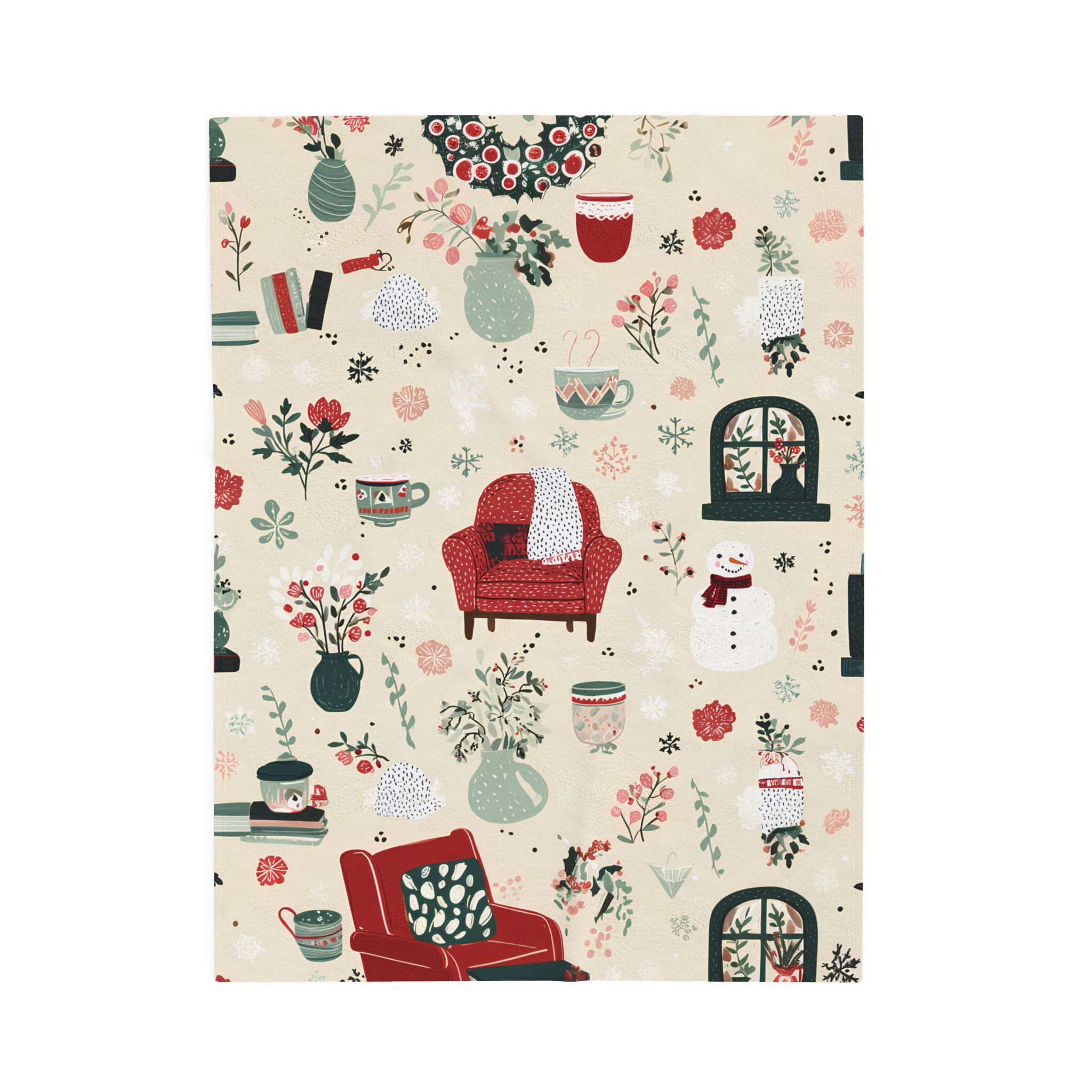 Velveteen Plush Christmas Blanket – Snowman Cocoa Floral Wreath Soft Cozy Holiday Throw