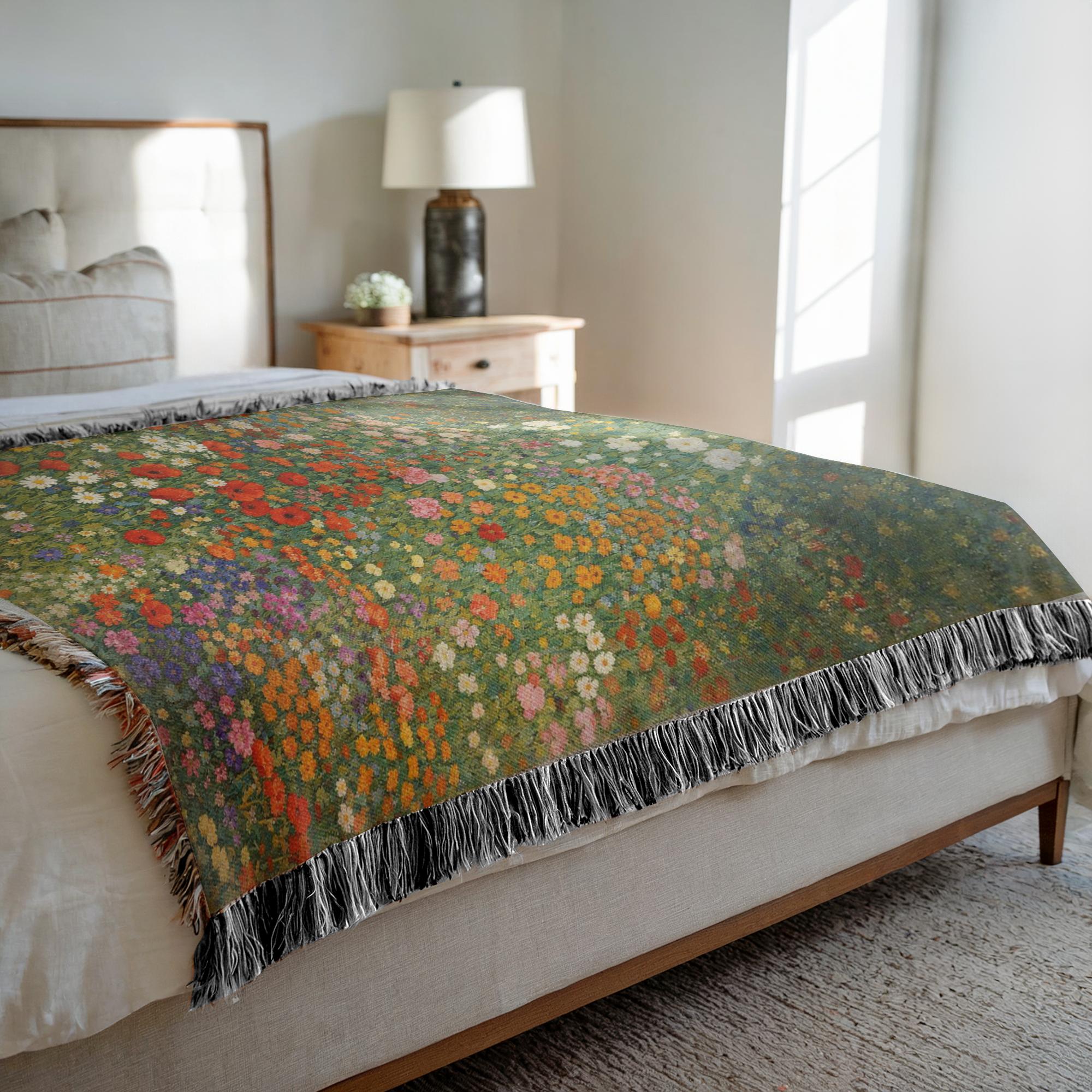 floral cottagecore throw blanket with textured weave detail, flower garden woven blanket used as wall tapestry decor