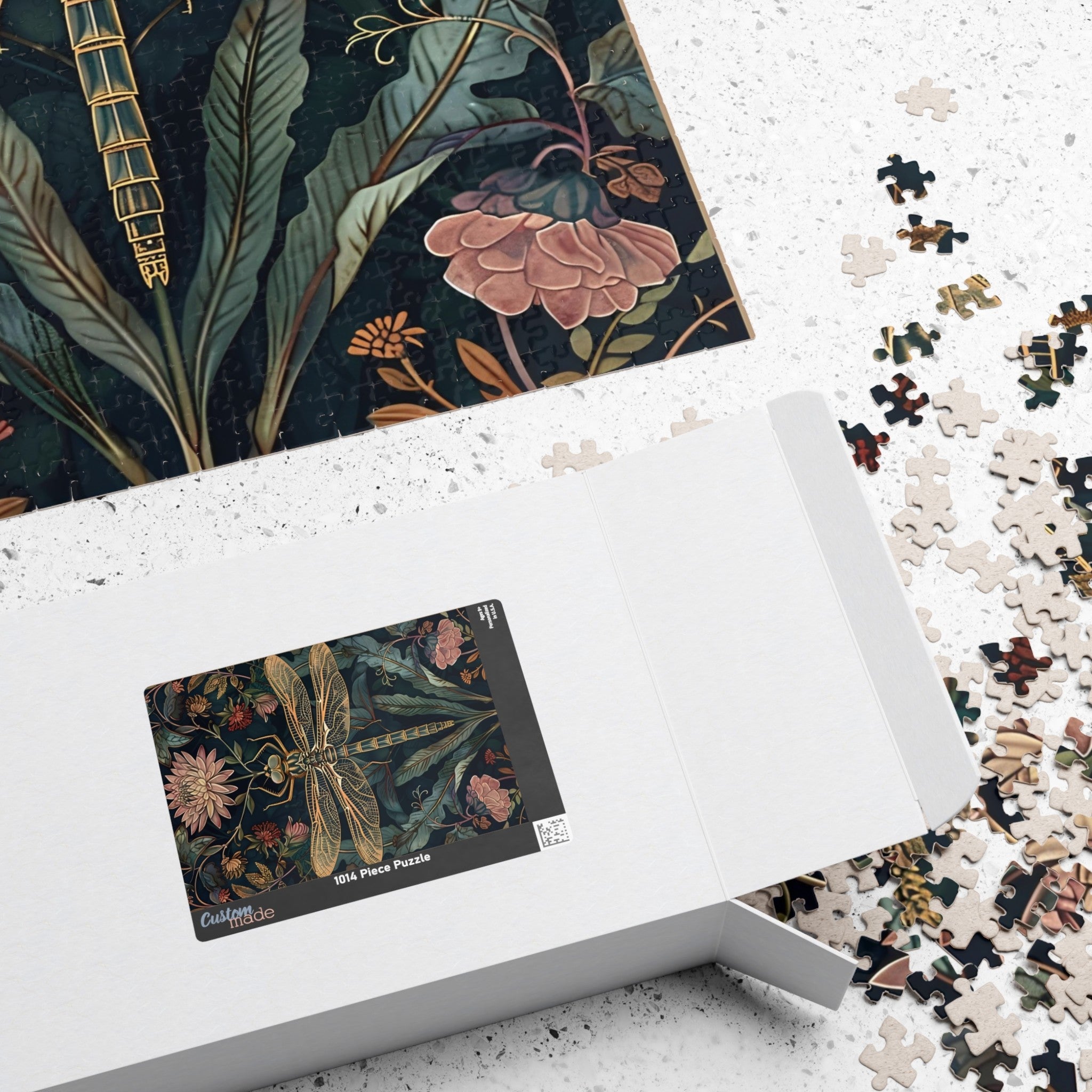 cozy night activity puzzle with vintage artwork, floral dragonfly puzzle for book lovers and tea drinkers, relaxing hobby puzzle for quiet evenings at home,