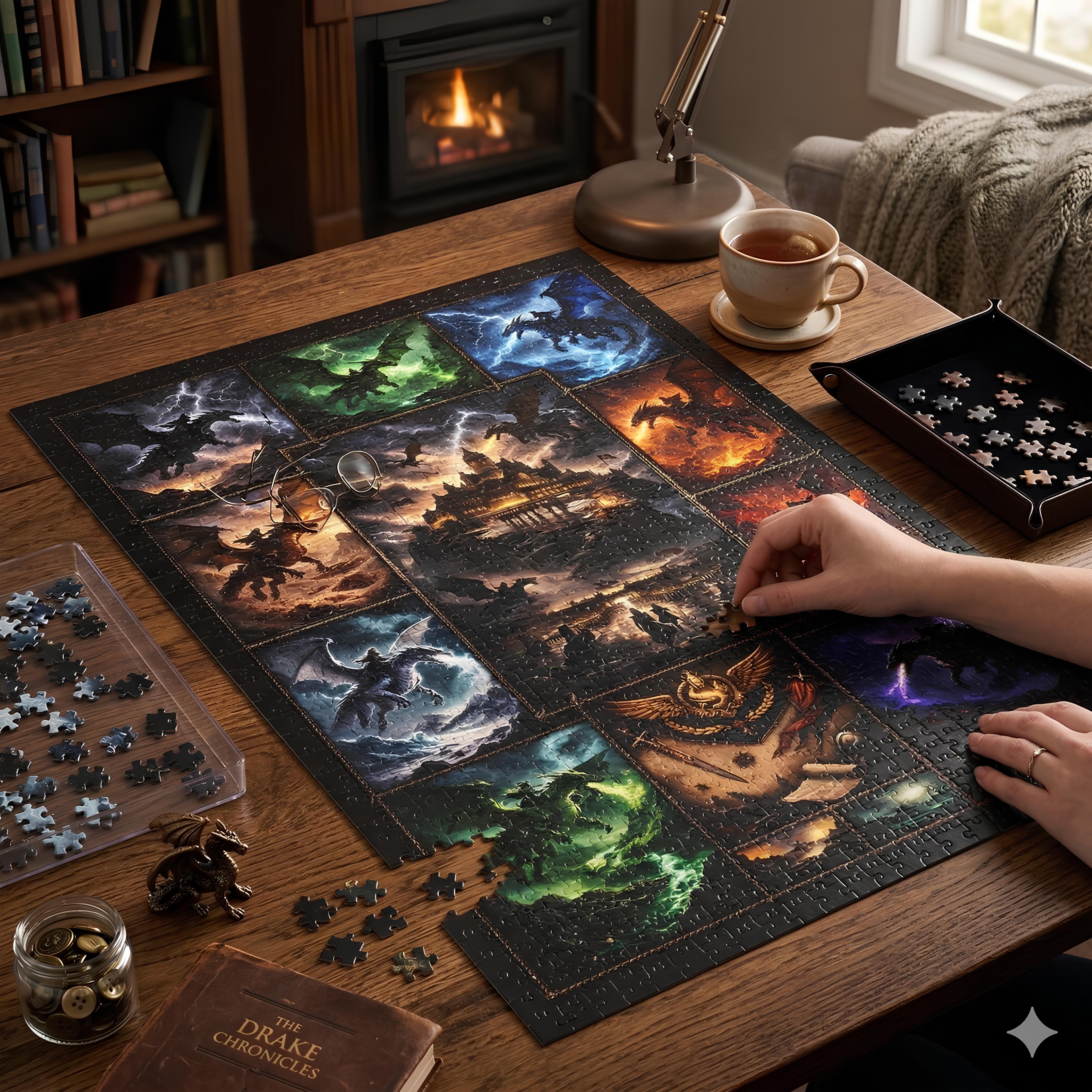 dragon rider puzzle on wooden desk, high gloss fantasy dragon jigsaw, cozy fireplace puzzle night scene,