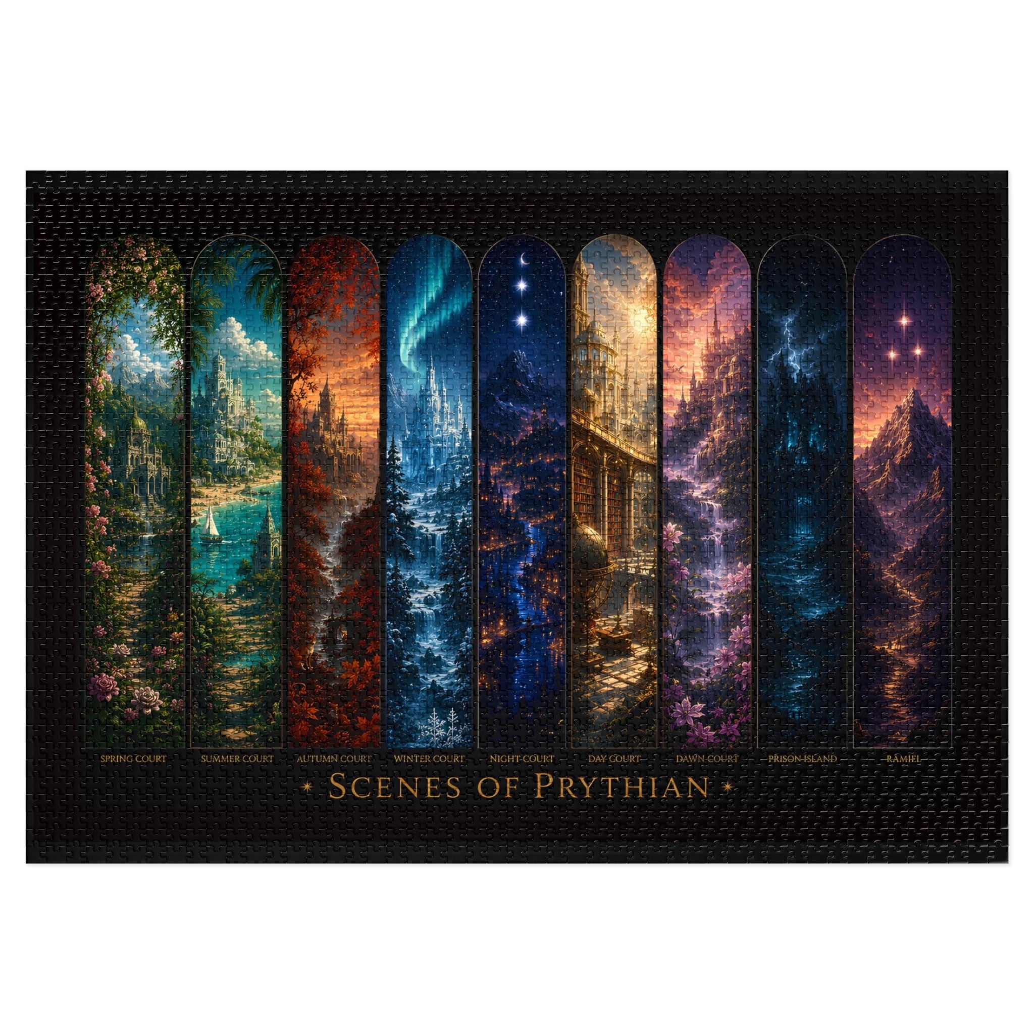 Scenes of Prythian Jigsaw Puzzle - All 7 Courts Fantasy Art, Gift Box Included