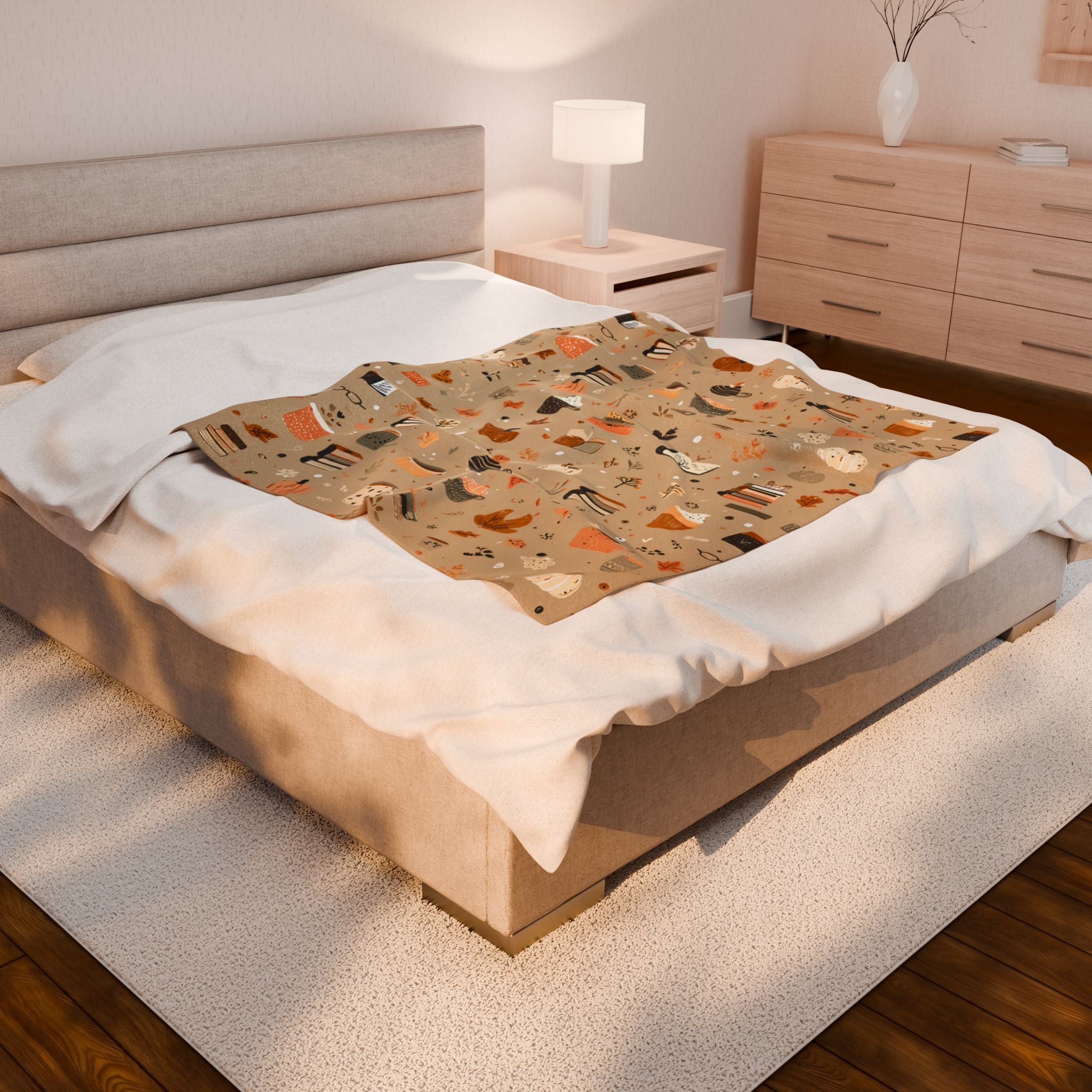 Cozy Velveteen Fall Blanket with Pumpkins Coffee Books Cottagecore Neutral Plush Throw