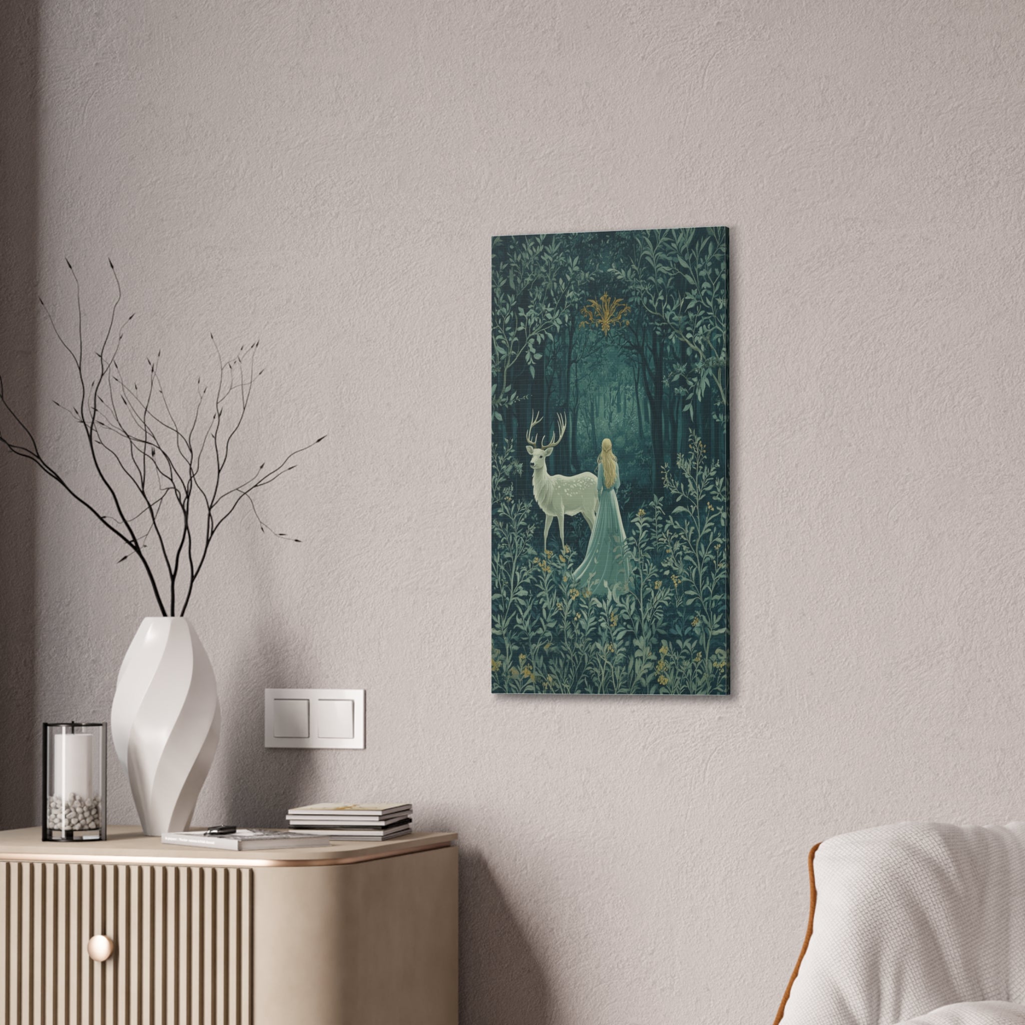 Enchanted Forest Stag & Maiden Canvas Wall Art Mystical Woodland Nature Lover Home Décor