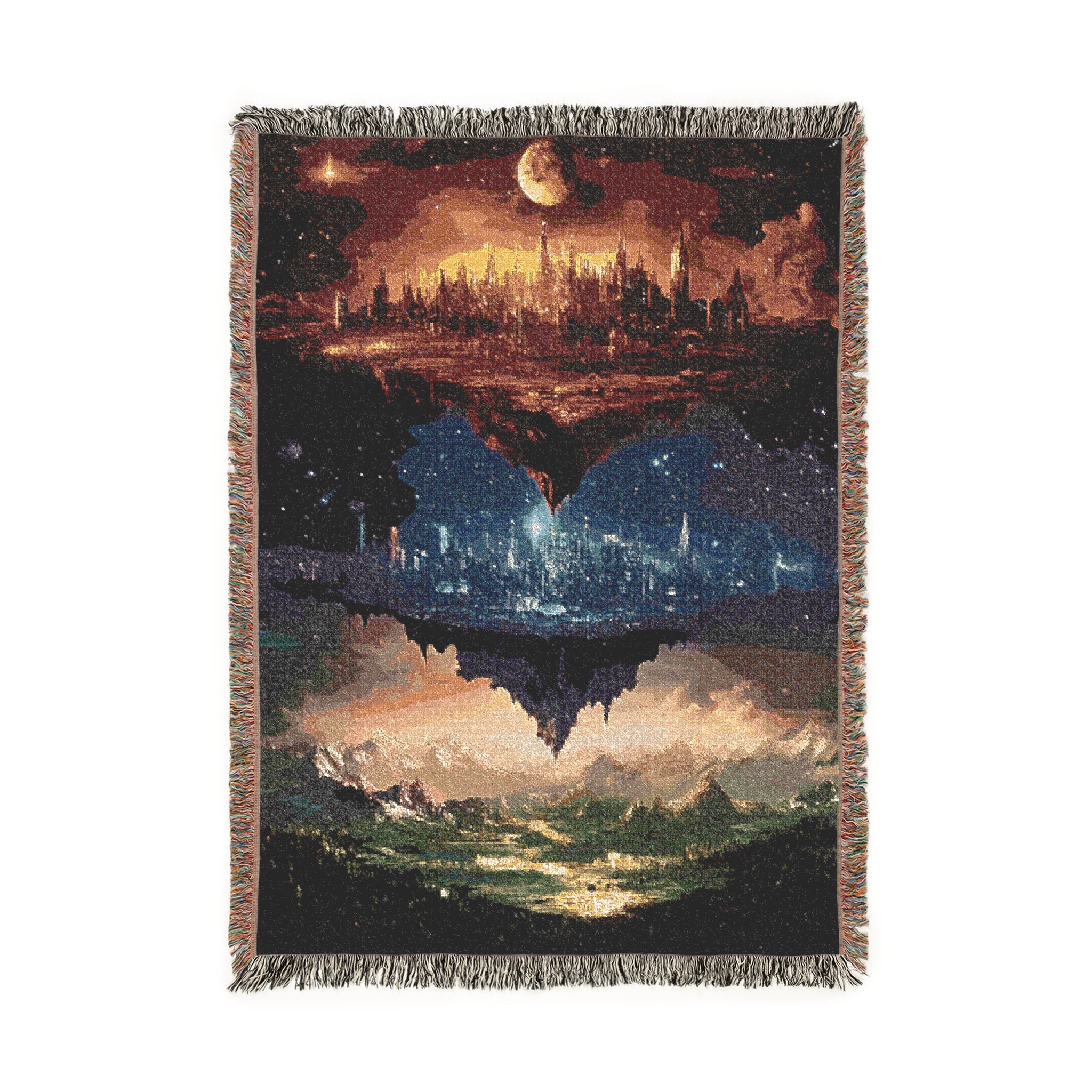 fantasy cityscape woven throw blanket with galaxy sky
