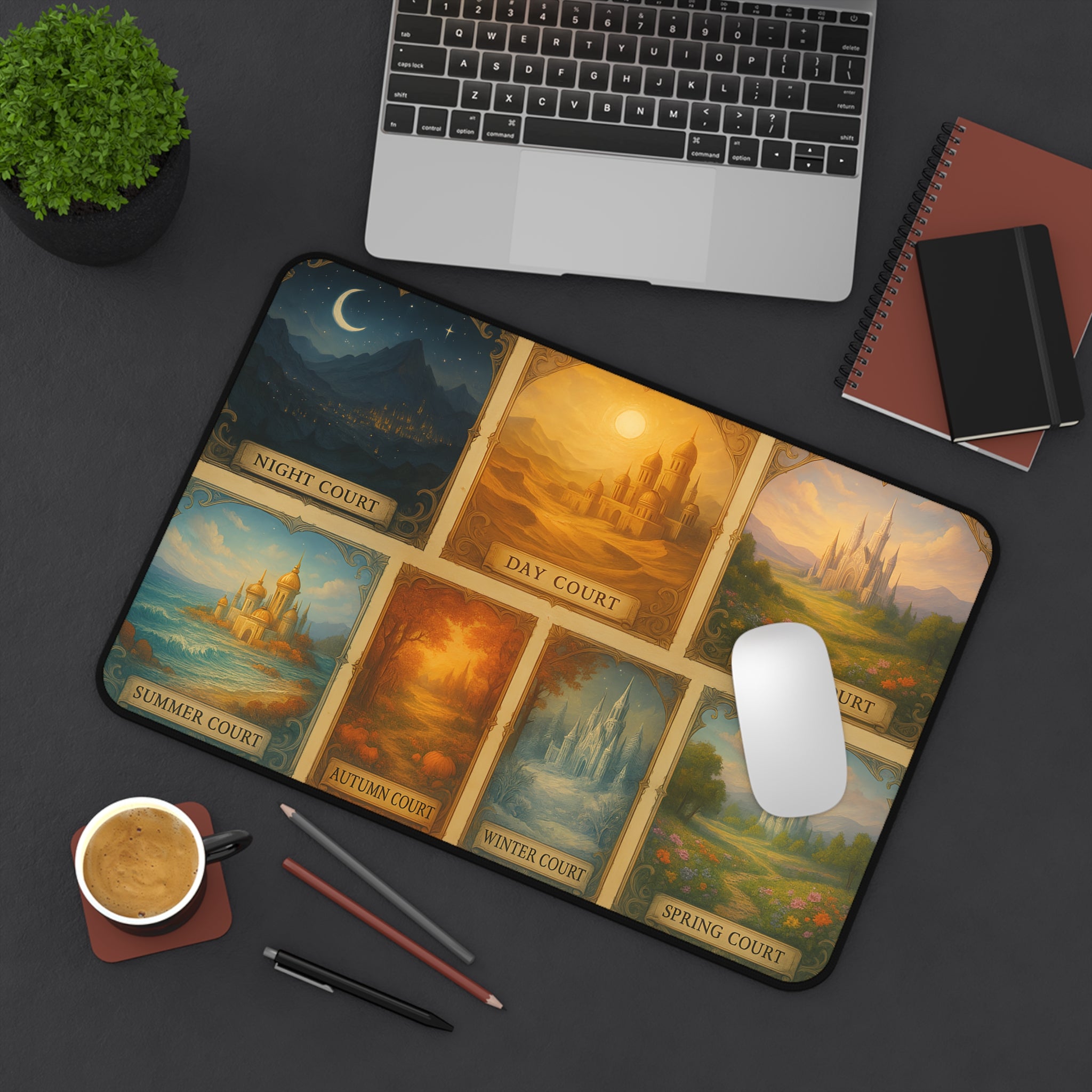 dreamy night sky desk mat for fantasy book lovers, golden day court mouse pad with magical castle art