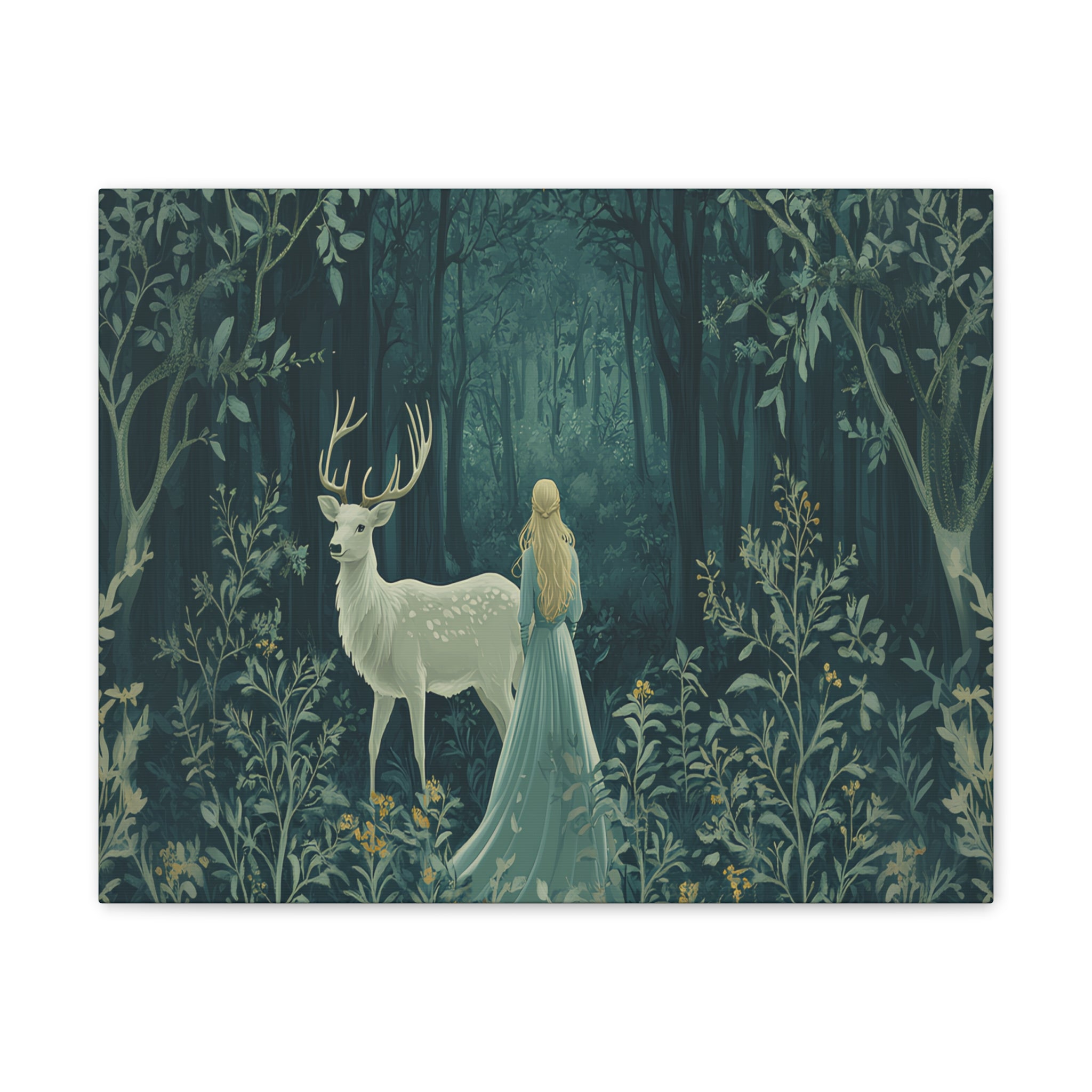 Enchanted Forest Stag & Maiden Canvas Wall Art Mystical Woodland Nature Lover Home Décor