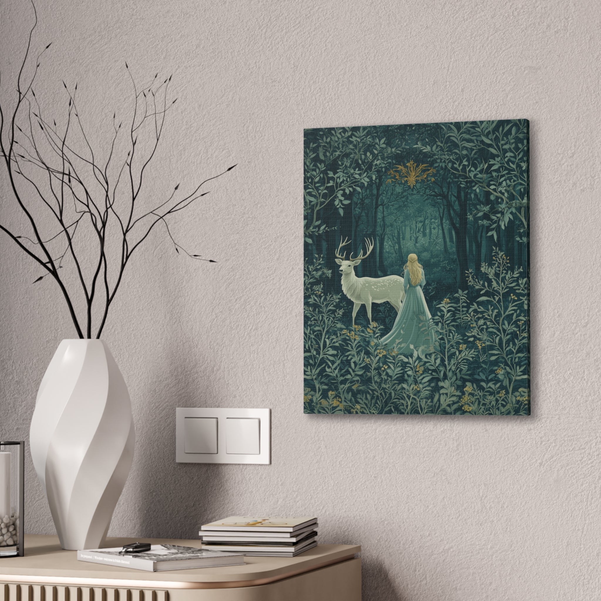Enchanted Forest Stag & Maiden Canvas Wall Art Mystical Woodland Nature Lover Home Décor