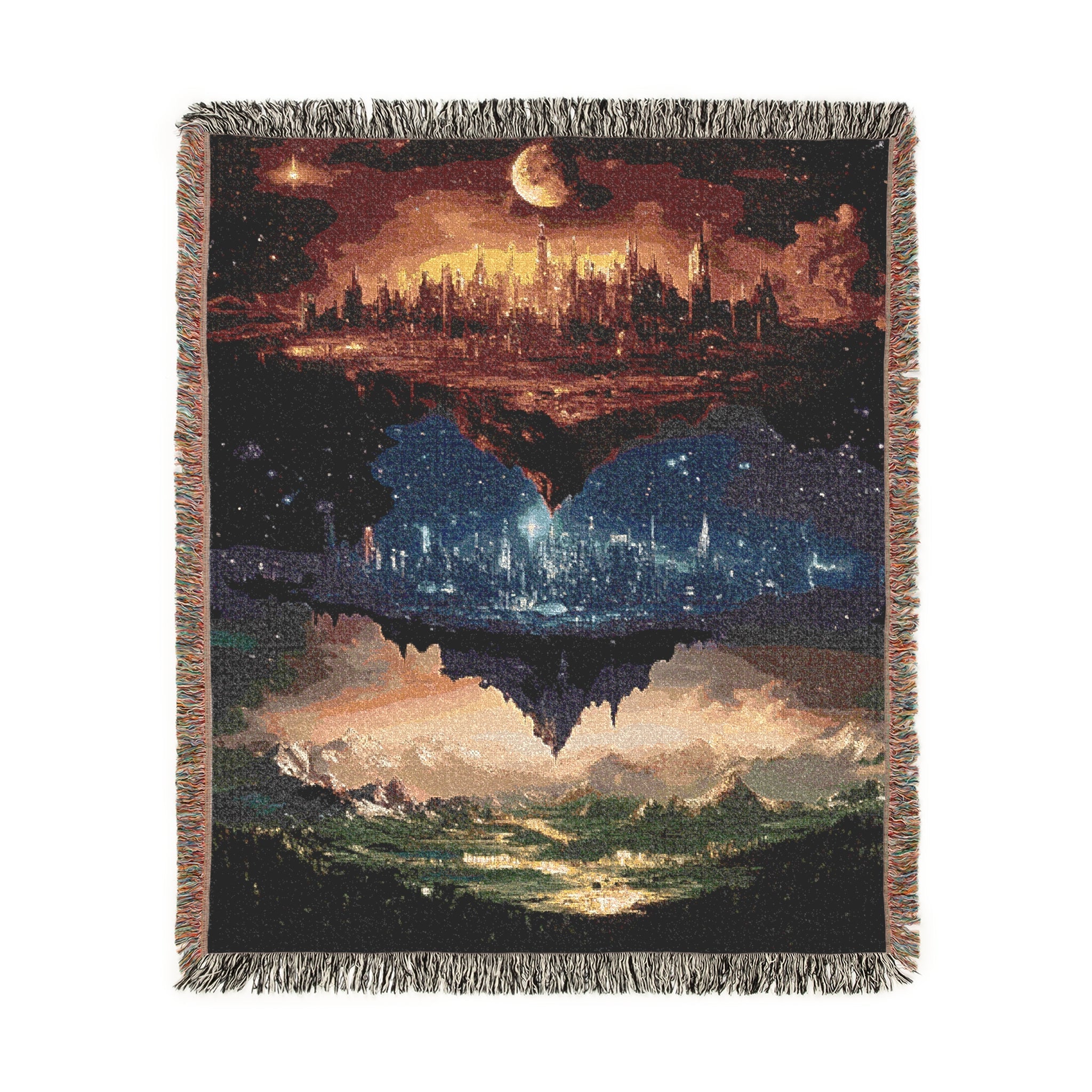 cosmic night sky tapestry blanket with mountain design