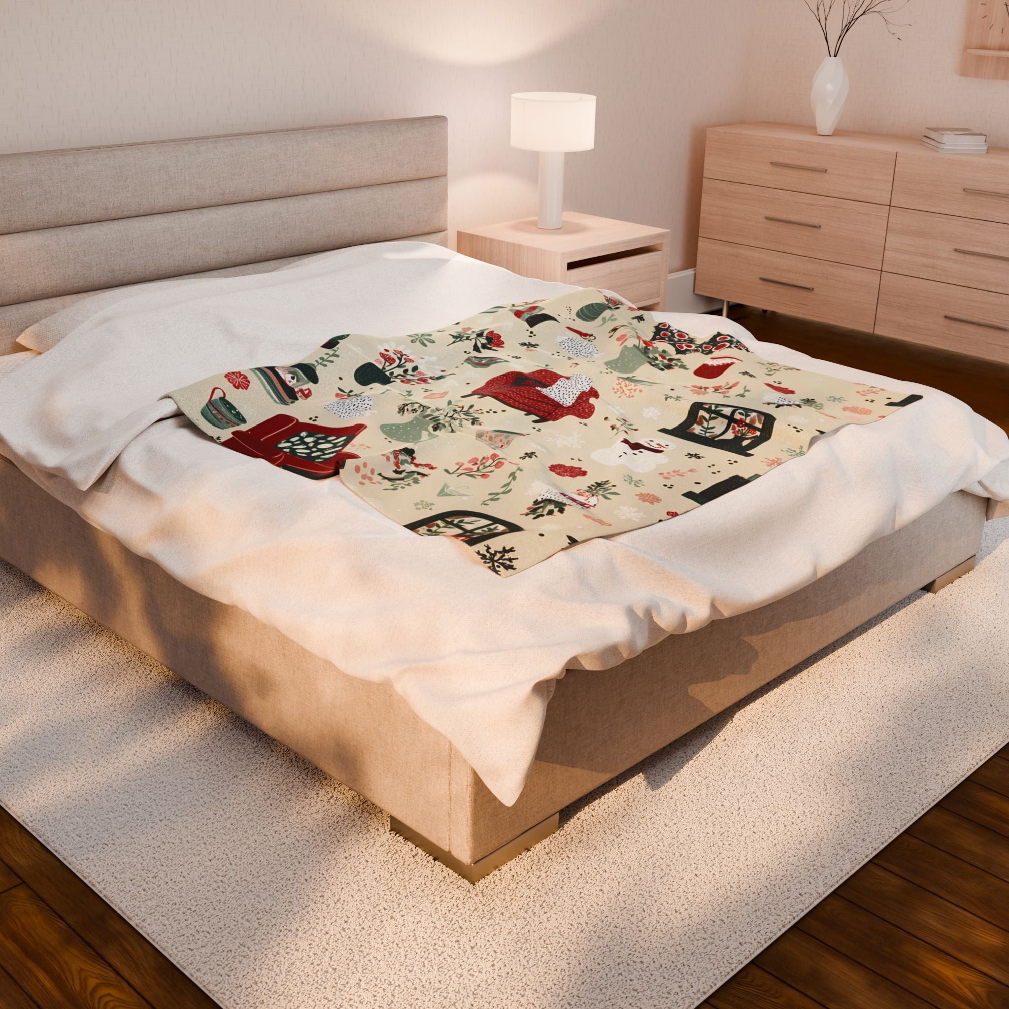 Velveteen Plush Christmas Blanket – Snowman Cocoa Floral Wreath Soft Cozy Holiday Throw