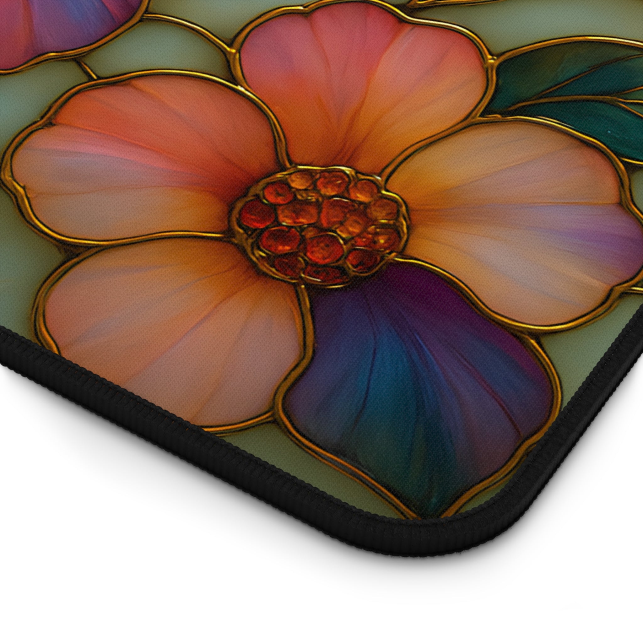 Wildflower Desk Mat Mousepad | Faux Stained Glass Floral Office Decor | Large Artistic Gaming Pad