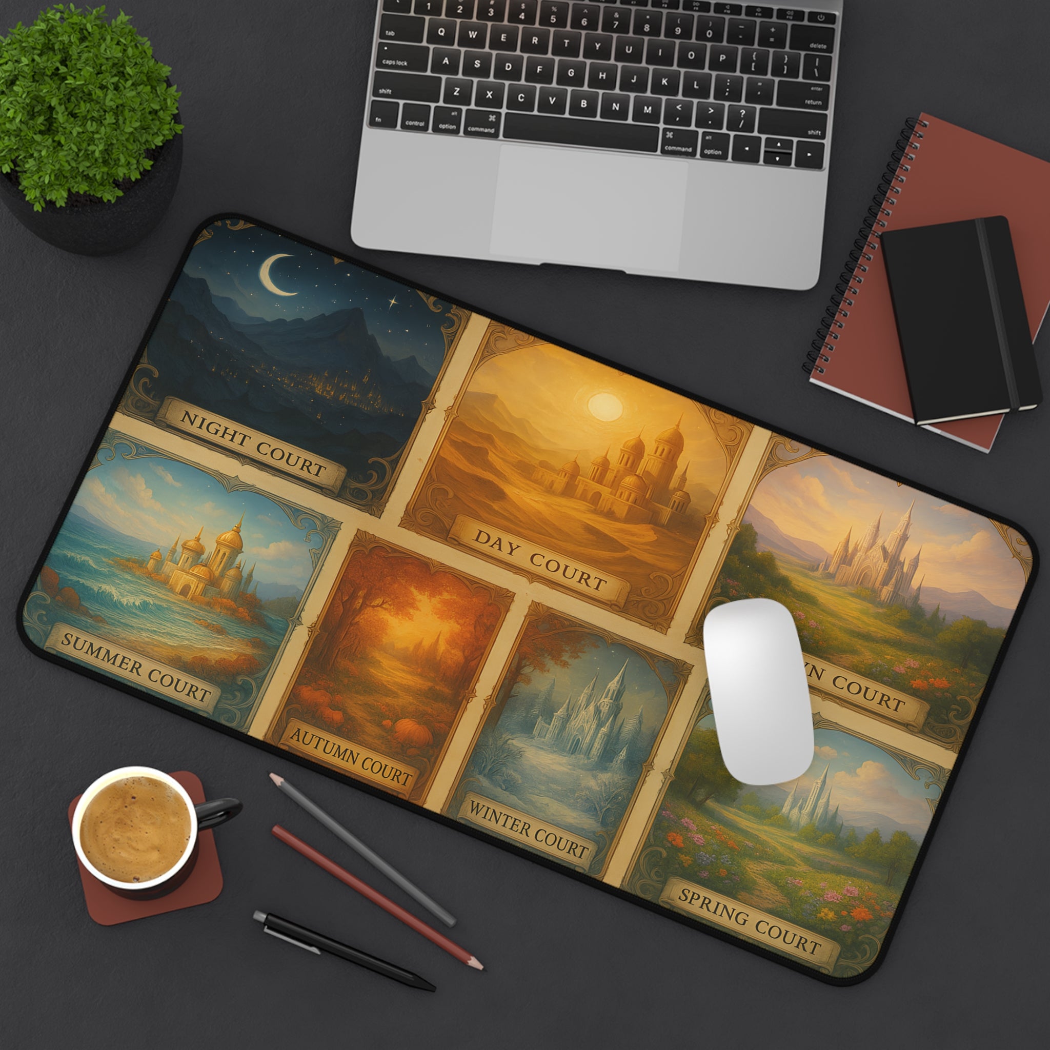 autumn court cozy forest scene bookish desk accessory, winter court snow palace magical gaming desk mat