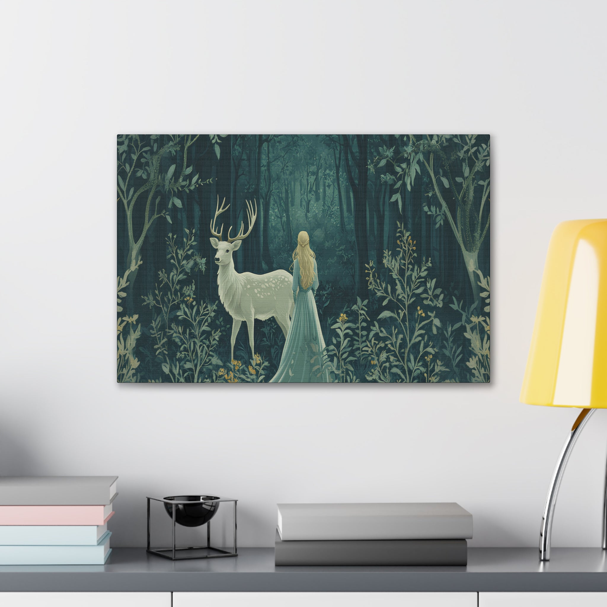 Enchanted Forest Stag & Maiden Canvas Wall Art Mystical Woodland Nature Lover Home Décor