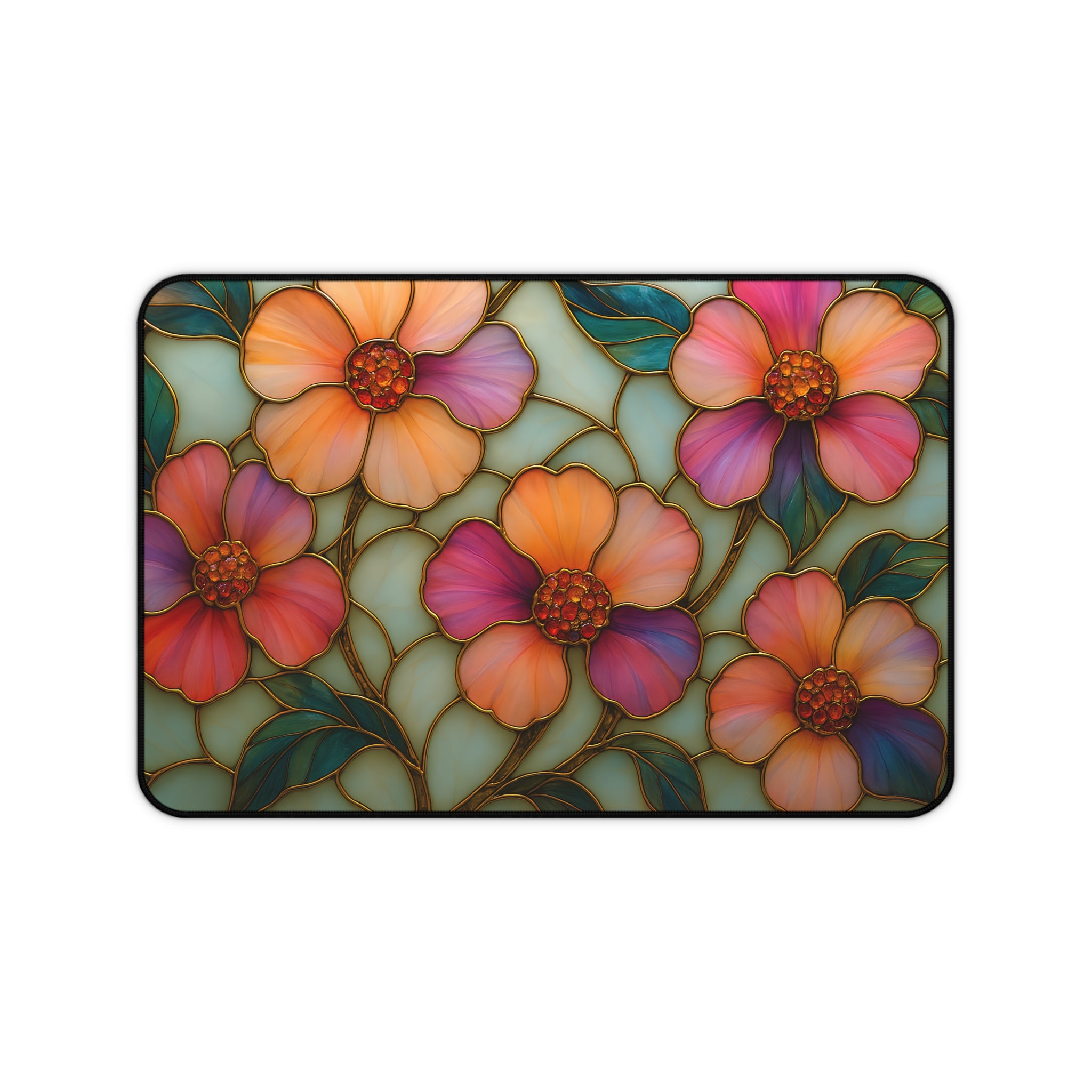 Wildflower Desk Mat Mousepad | Faux Stained Glass Floral Office Decor | Large Artistic Gaming Pad