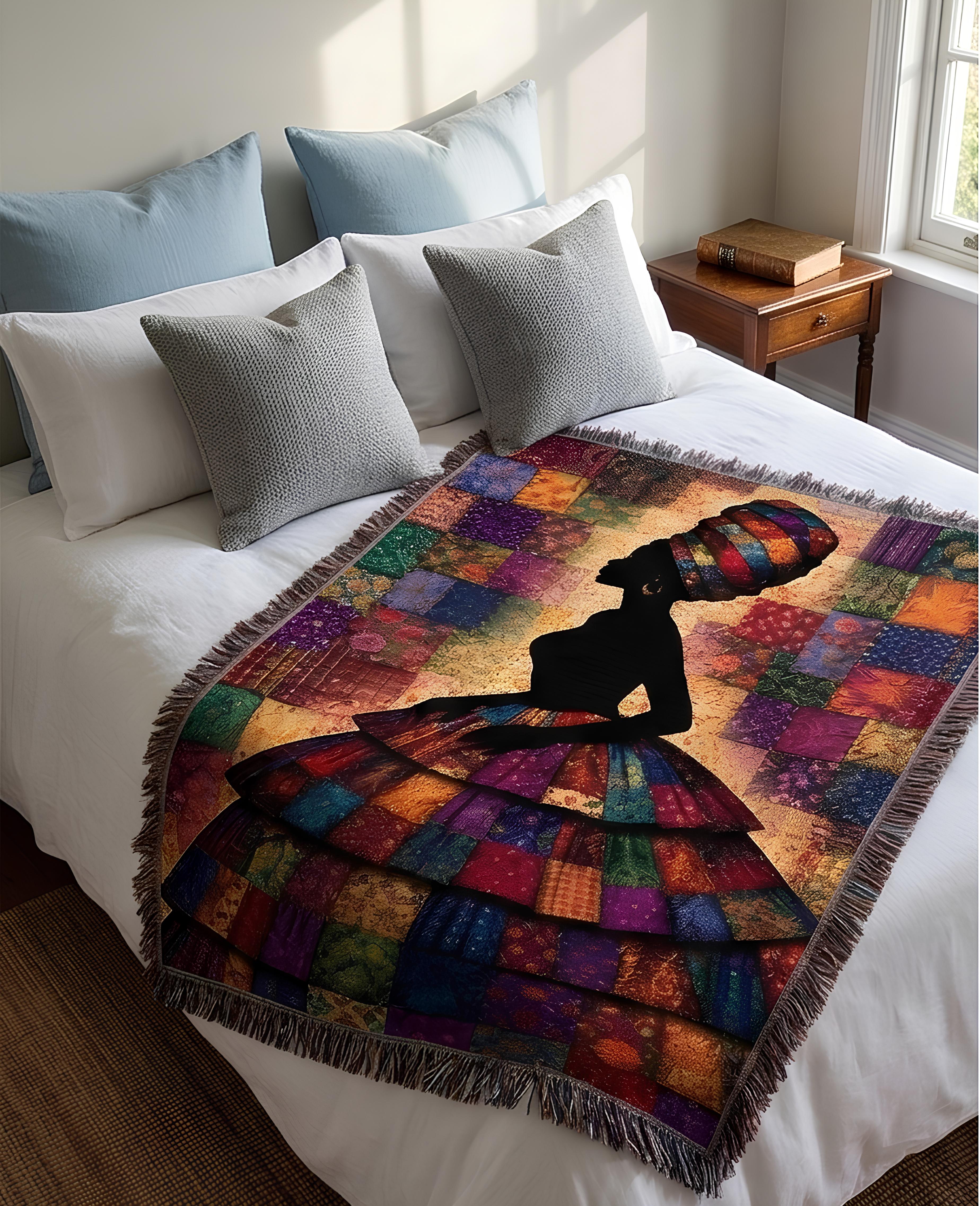 jewel tone boho home throw, woven fringe edge tapestry blanket, cotton jacquard decorative couch throw