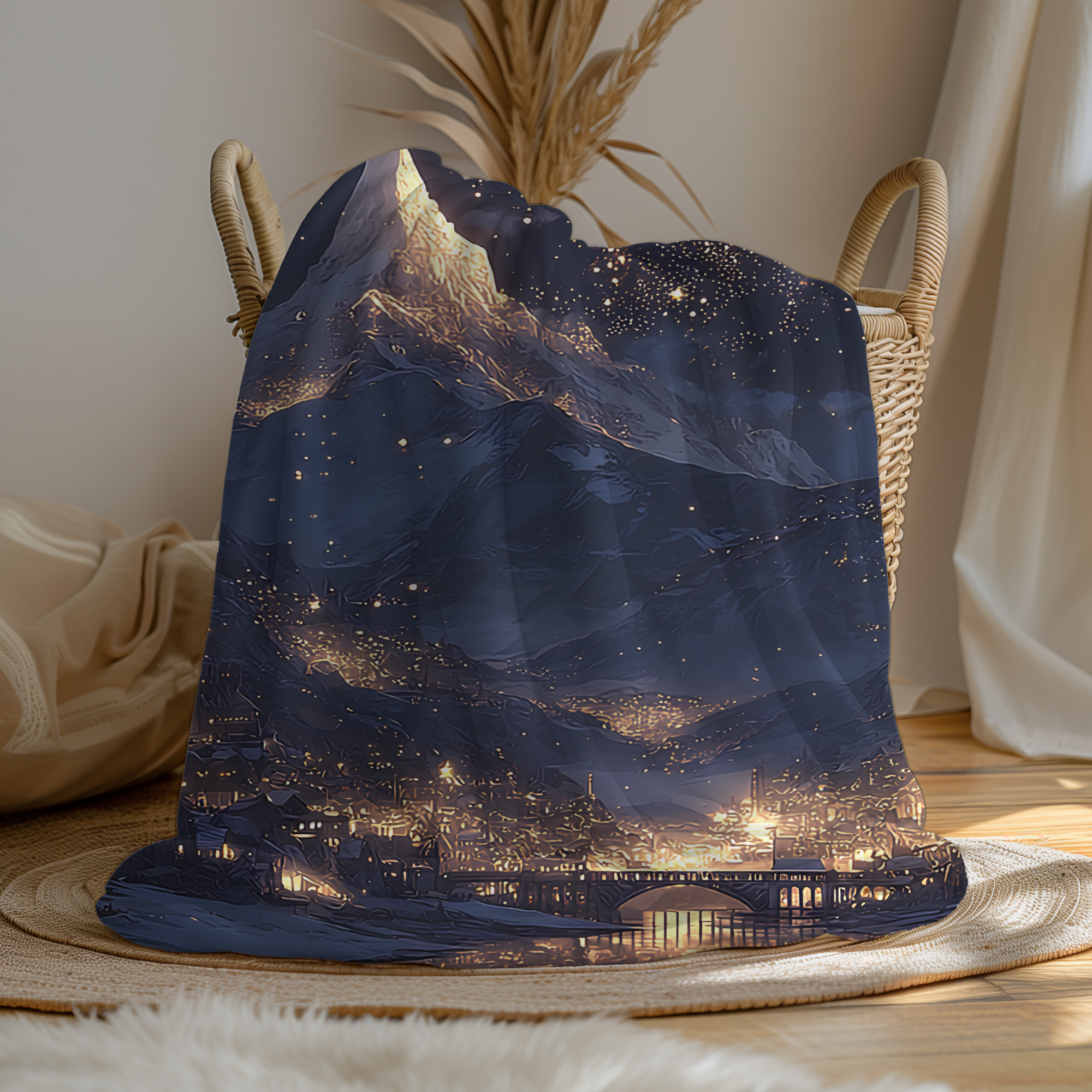 woman holding fantasy night sky blanket in warm living room, navy fleece blanket printed with golden mountain city lights