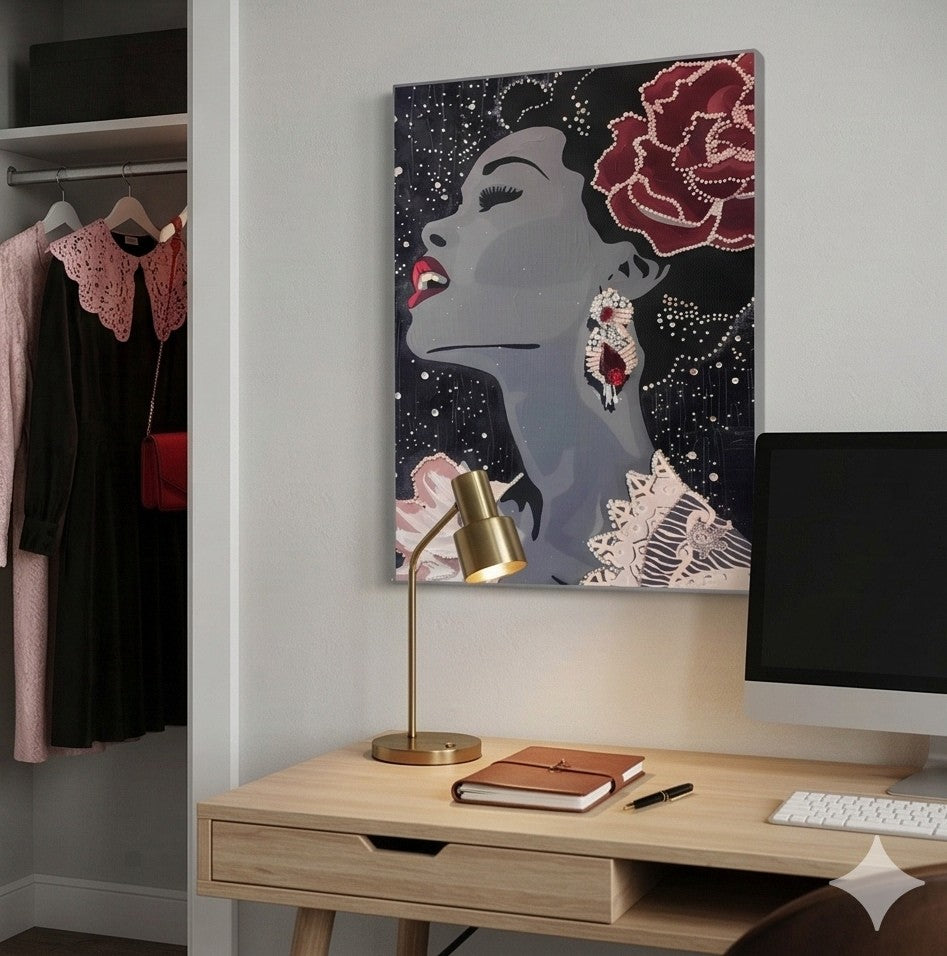 high contrast jazz wall art with crimson rose accent, cotton poly canvas stretched over pine wood frame with jazz portrait, ready to hang Billie Holiday wall art for music lovers