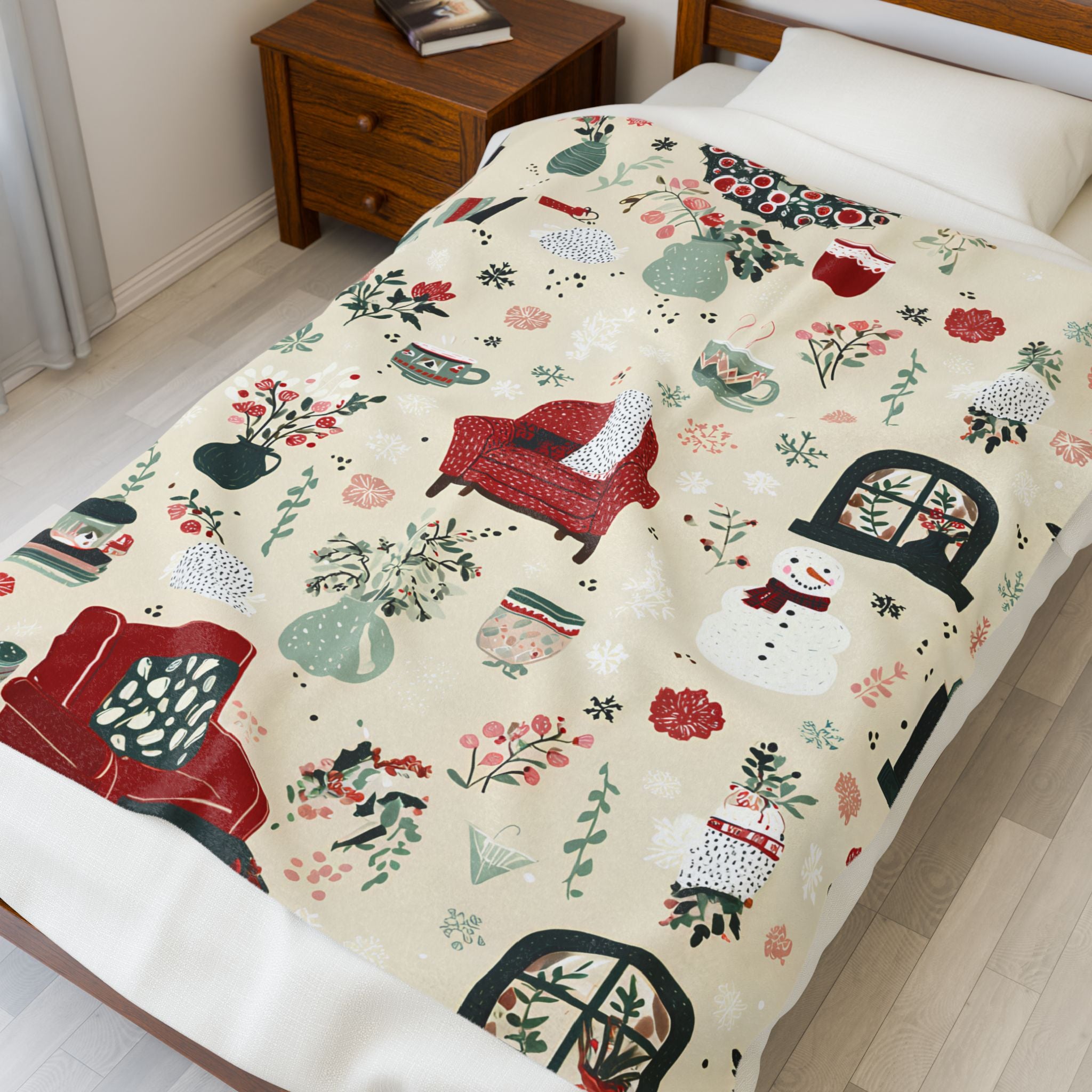 Velveteen Plush Christmas Blanket – Snowman Cocoa Floral Wreath Soft Cozy Holiday Throw