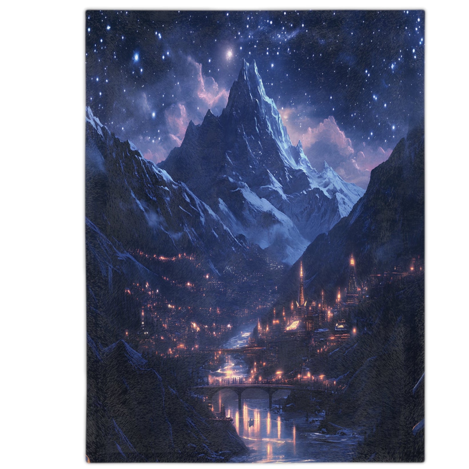 Plush fleece throw with glowing stars and mountain city lights
Cozy fantasy blanket on sofa surrounded by books and candles