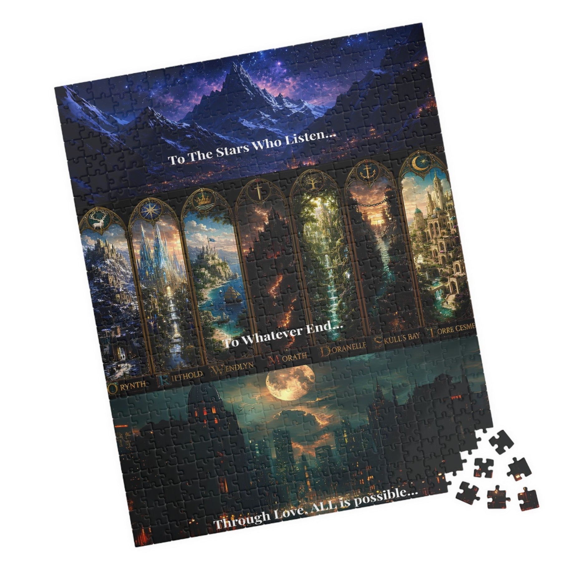 A completed jigsaw puzzle displayed at an angle on a white background, with several loose puzzle pieces scattered in the lower right corner. The puzzle artwork shows a dark fantasy night scene with mountain peaks under a starry sky, arched windows, and a moonlit castle, with partial quote text visible across the design.