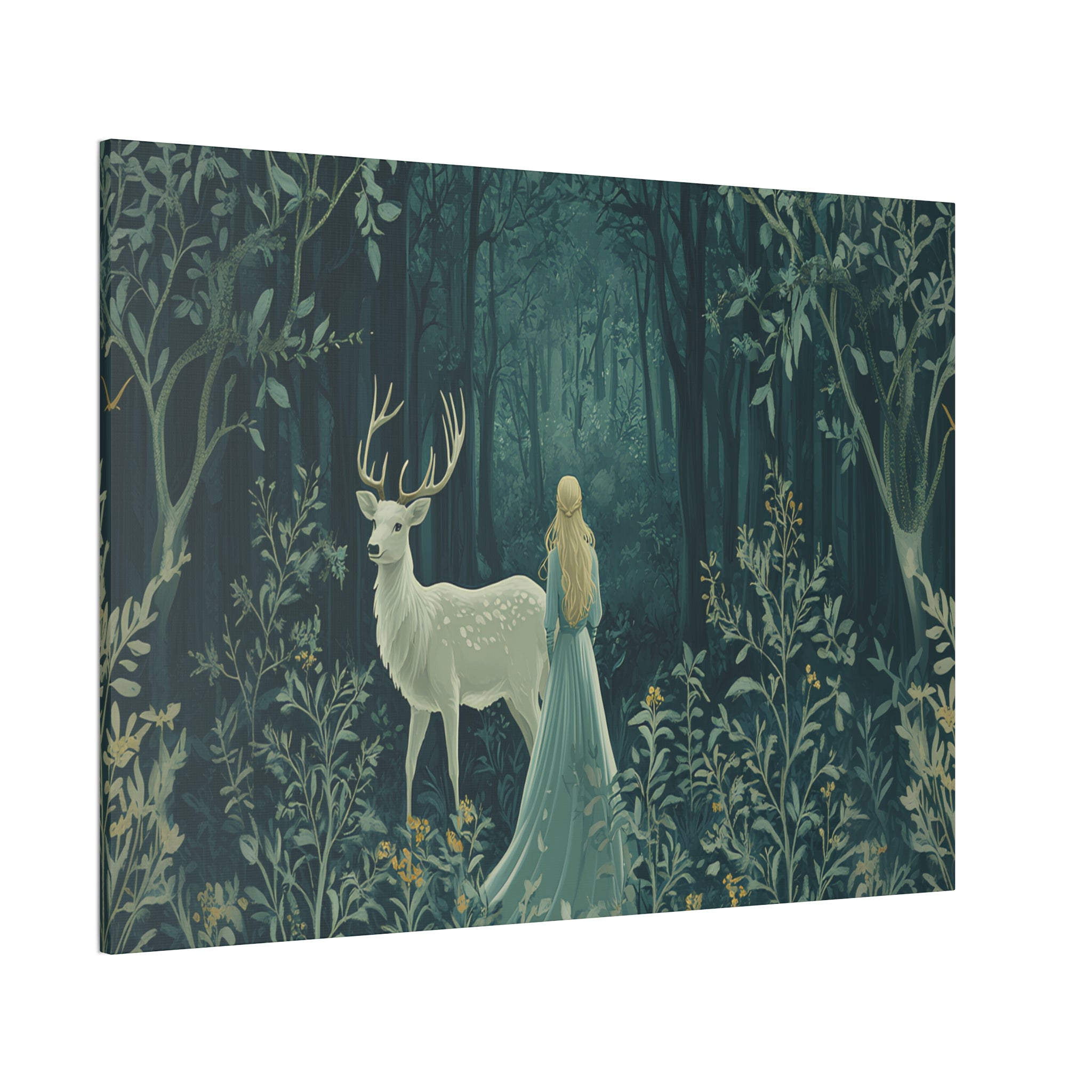 Enchanted Forest Stag & Maiden Canvas Wall Art Mystical Woodland Nature Lover Home Décor