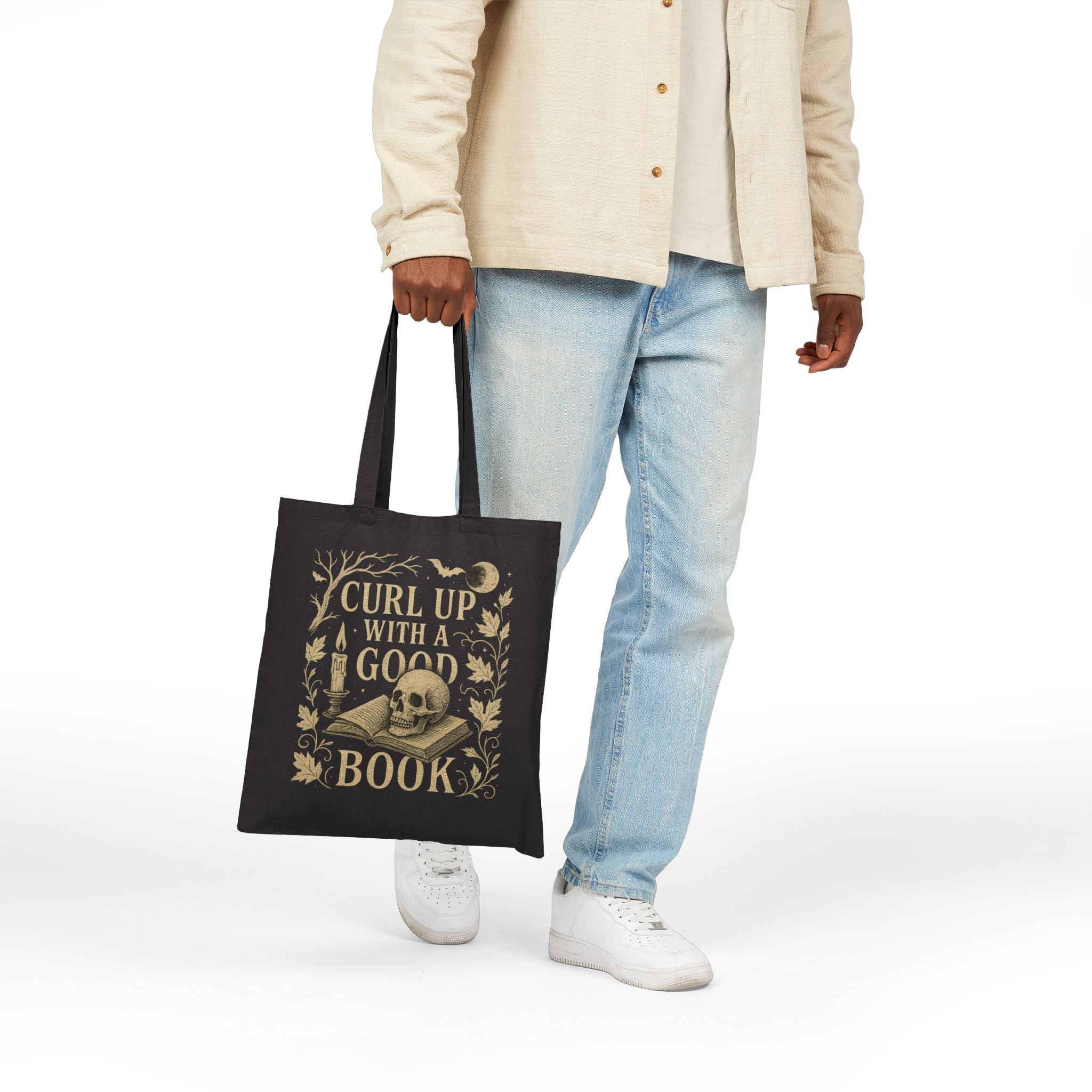 Vintage Gothic Book Lover Tote Bag – Skull & Candle Cotton Canvas Bag for Readers, Library & Gifts