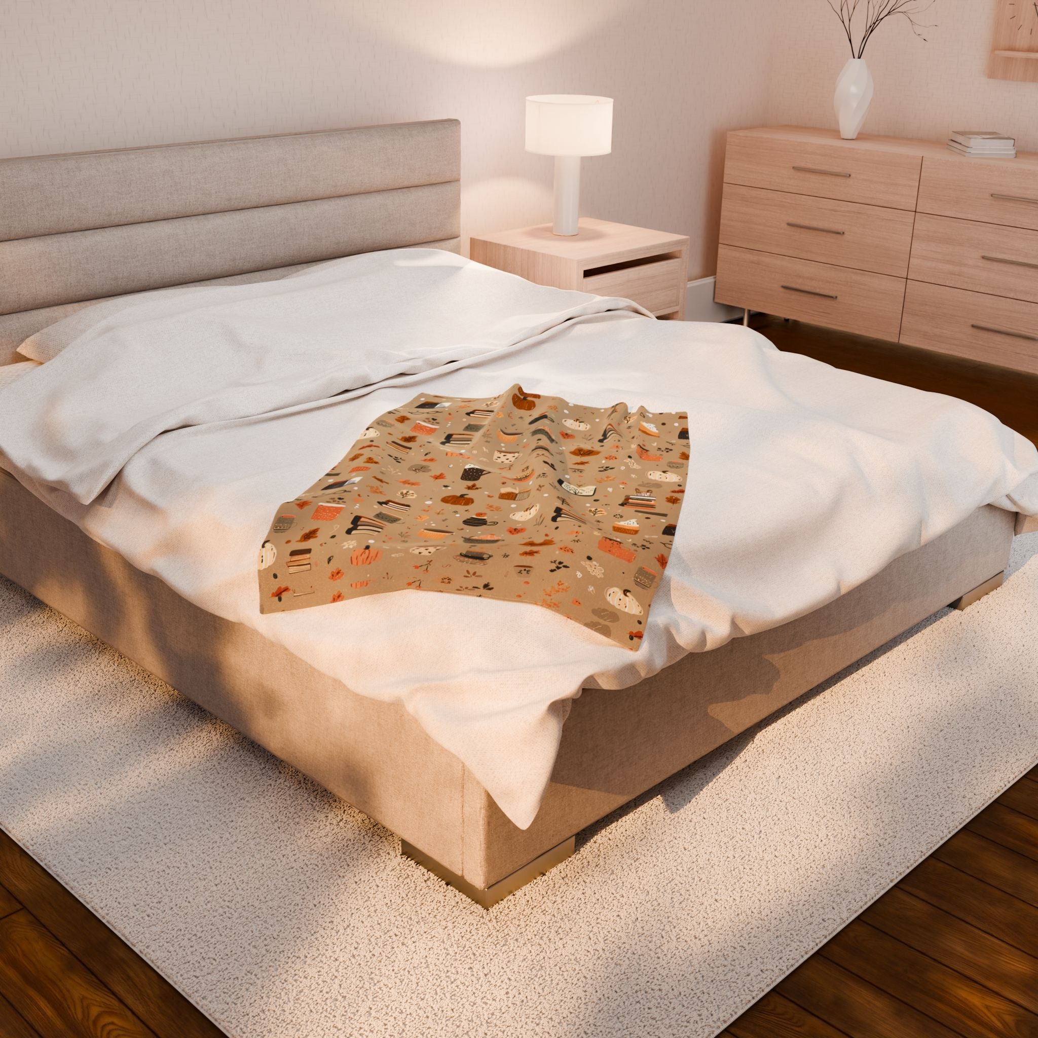 Cozy Velveteen Fall Blanket with Pumpkins Coffee Books Cottagecore Neutral Plush Throw