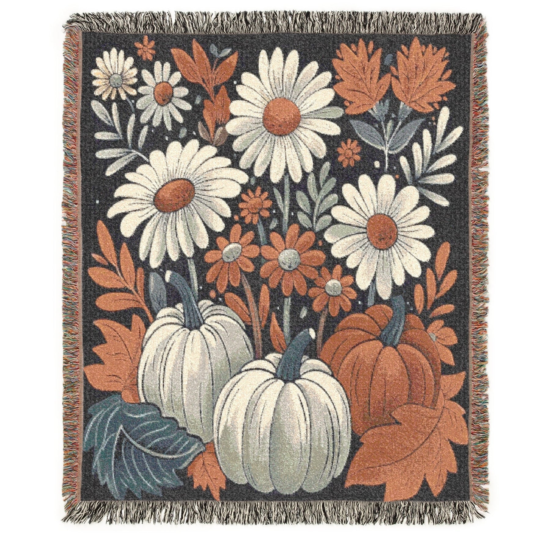 cozy autumn harvest woven cotton throw for sofa,
pumpkin spice themed fall tapestry blanket gift,
rustic floral woven throw blanket with pumpkins,