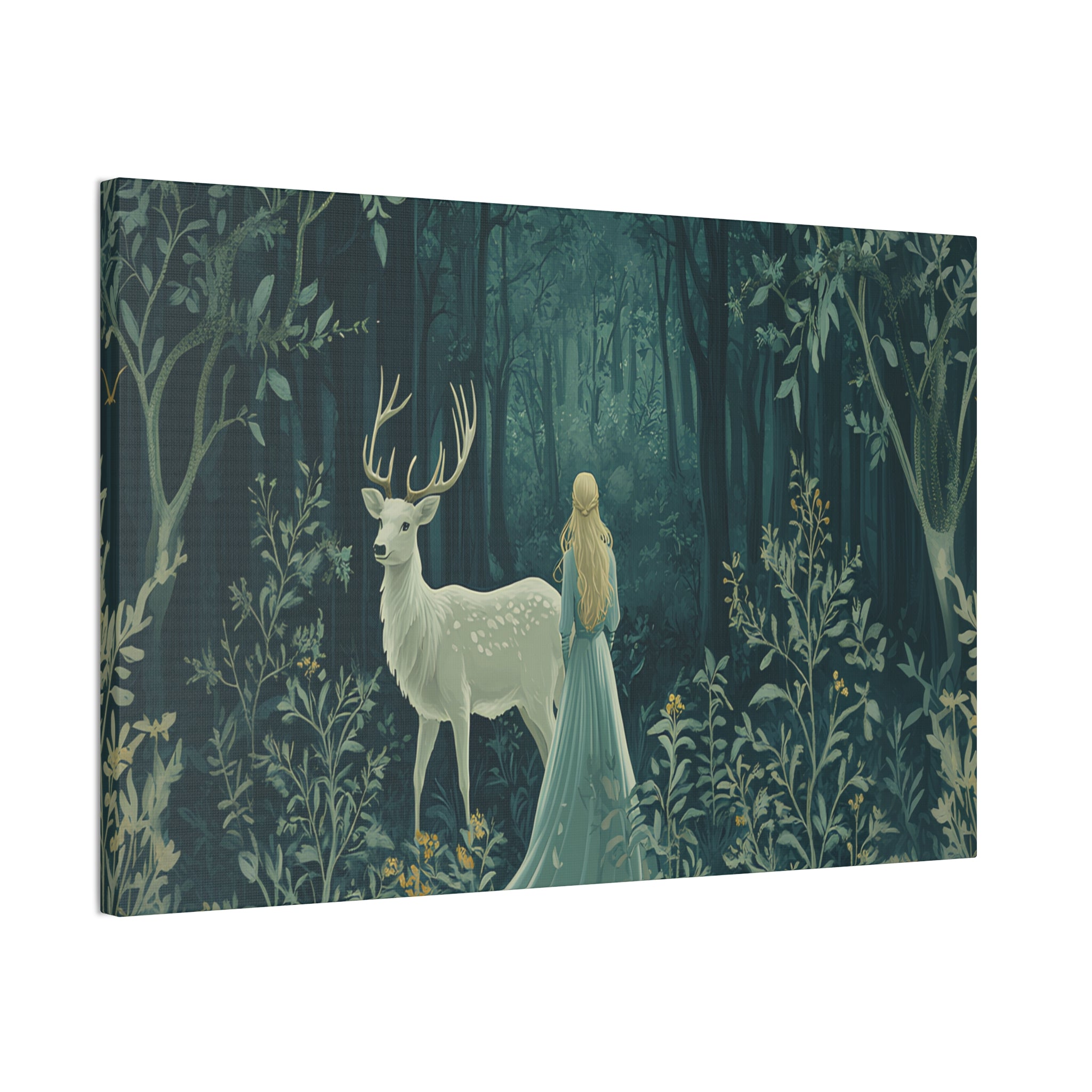 Enchanted Forest Stag & Maiden Canvas Wall Art Mystical Woodland Nature Lover Home Décor