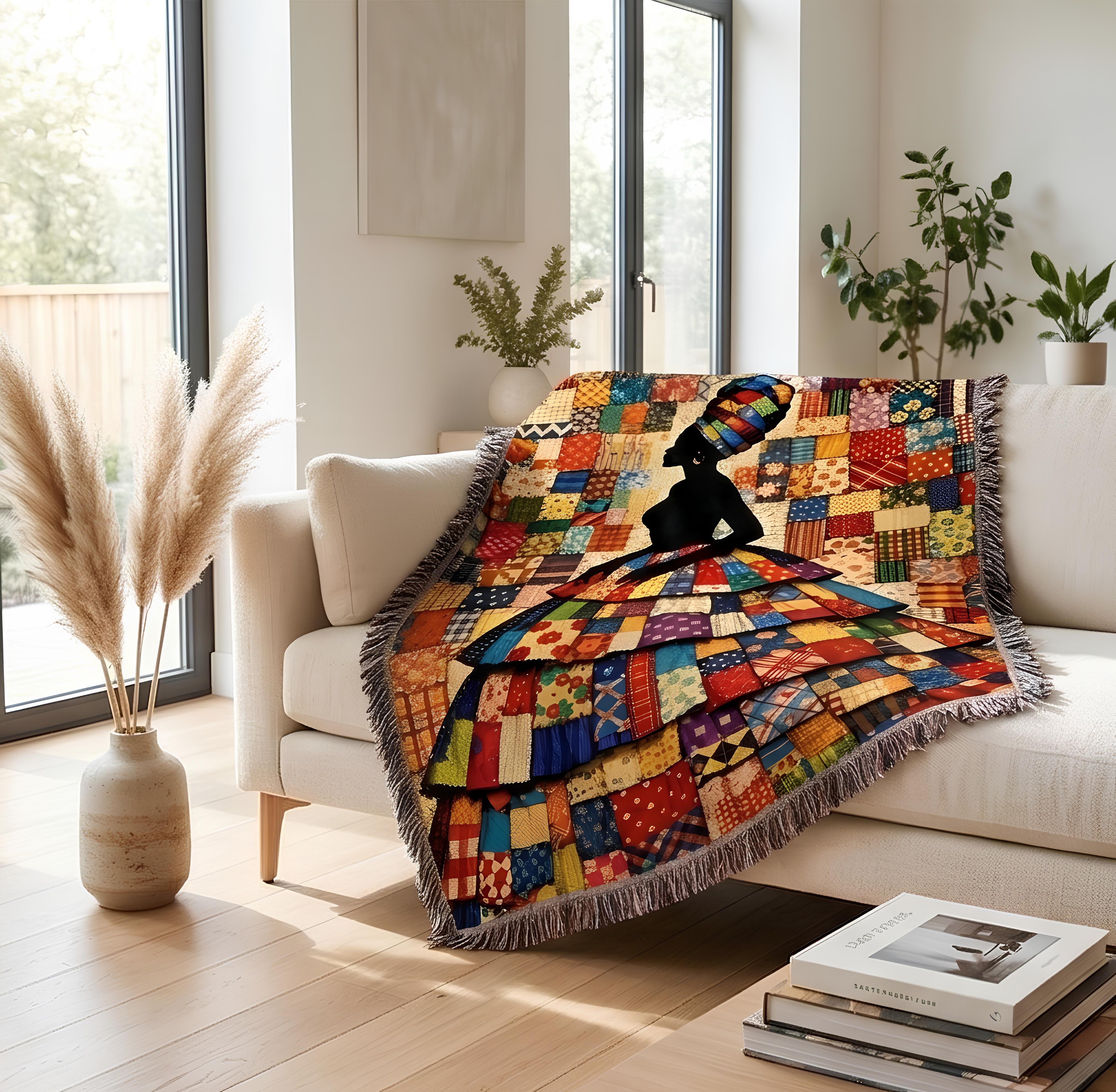 colorful boho woven blanket with strong feminine profile, artistic cotton tapestry throw with intricate patchwork detail, maximalist decor woven blanket in rich saturated hues