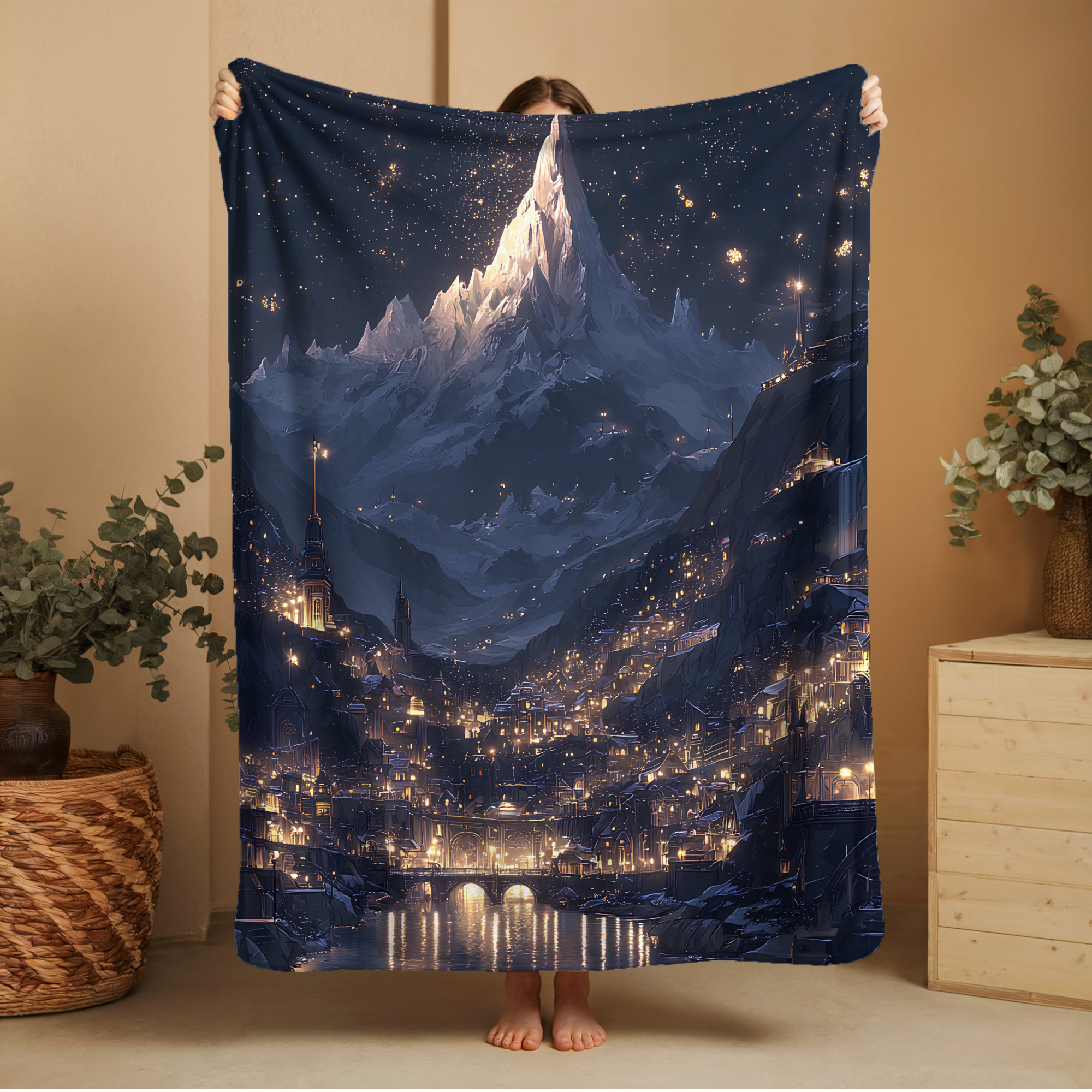 soft fleece blanket with glowing starry mountain city design, cozy celestial throw featuring luminous mountain and starlit sky