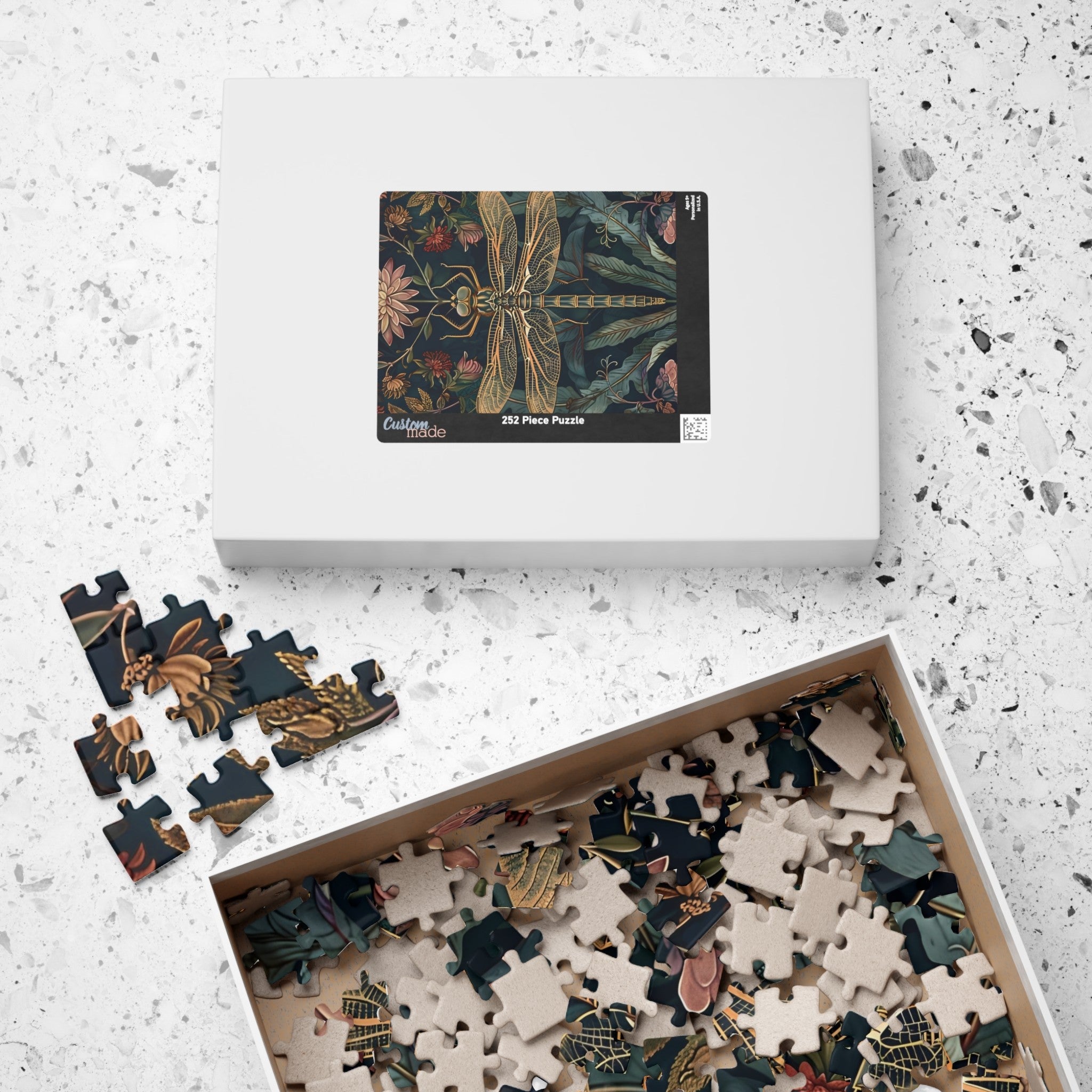 heirloom style dragonfly art jigsaw puzzle, floral dragonfly puzzle with detailed botanical elements, vintage botanical art puzzle with insect illustration