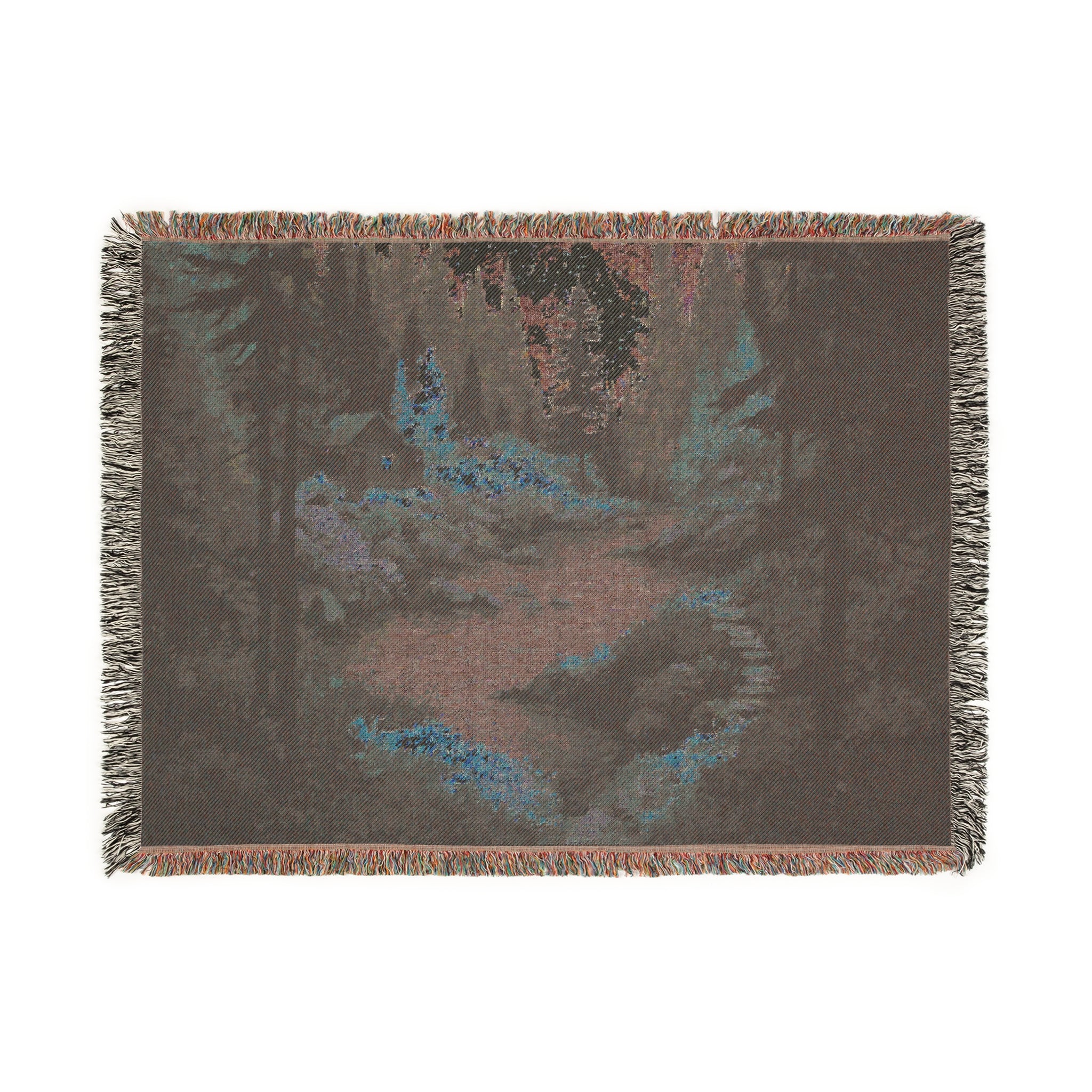 Cozy Cabin by the River Woven Blanket | Rustic Autumn Mountain Landscape Tapestry Throw