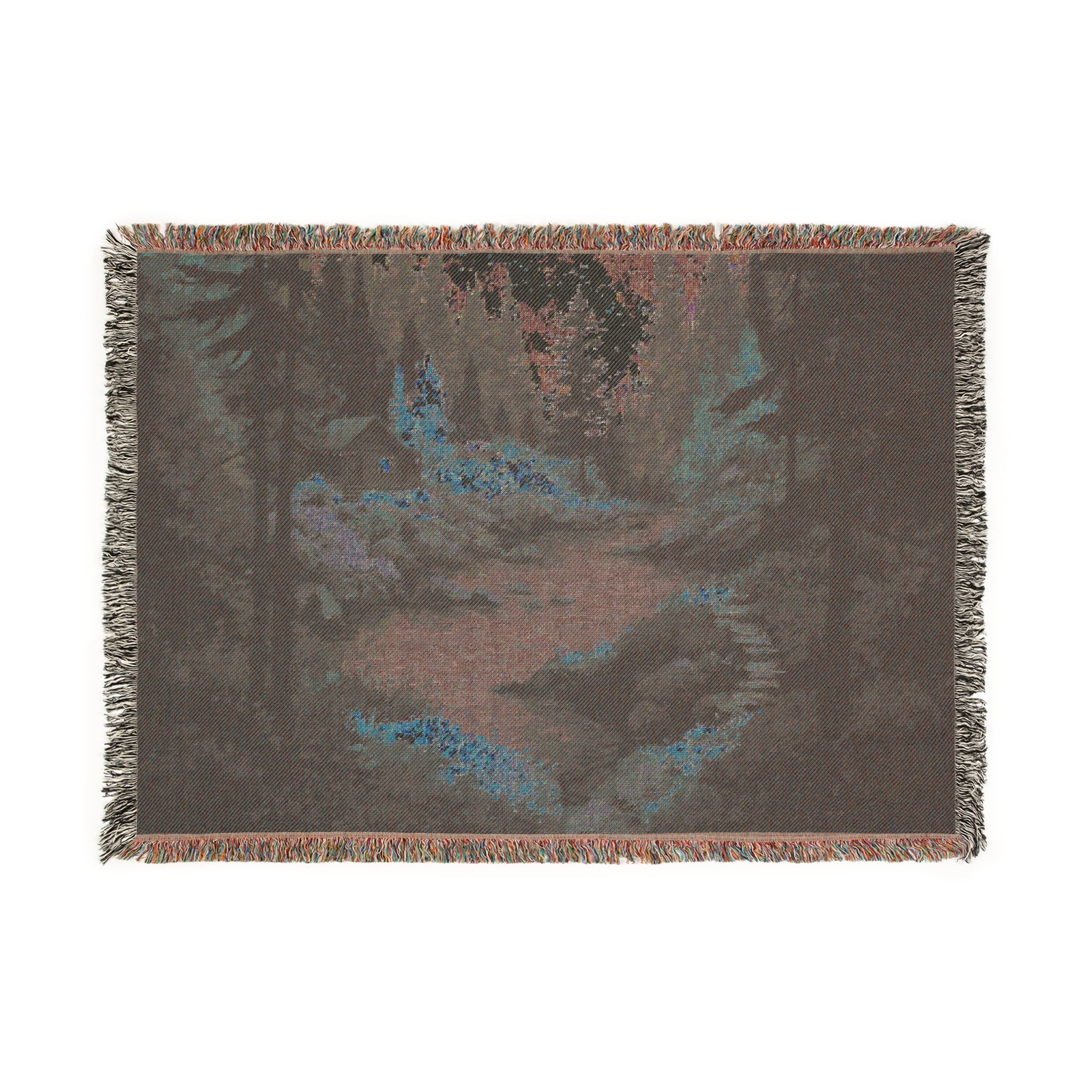 Cozy Cabin by the River Woven Blanket | Rustic Autumn Mountain Landscape Tapestry Throw