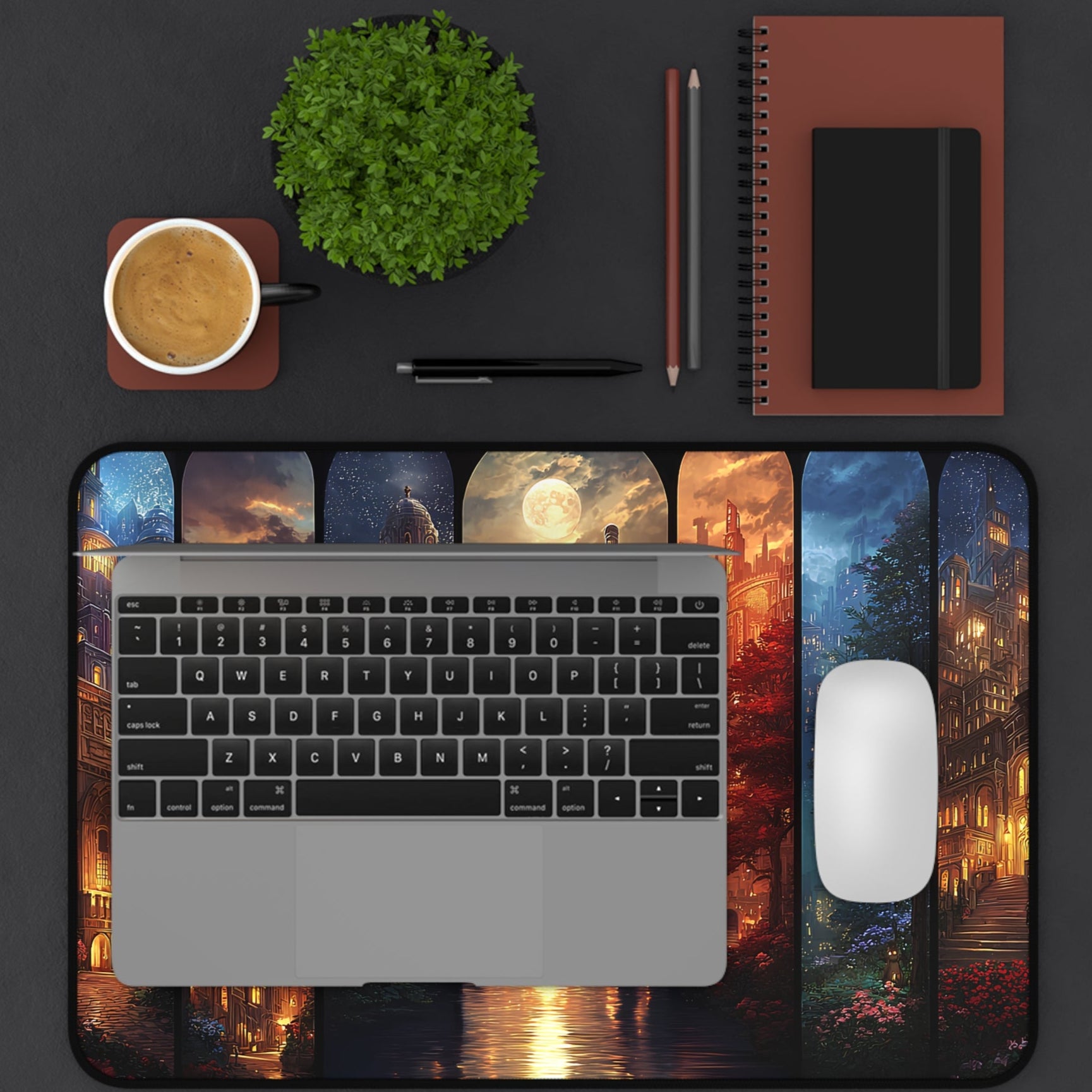Crescent City fantasy nightscape desk pad, aesthetic mouse pad for cozy office setups, Crescent City large gaming mouse pad for writers