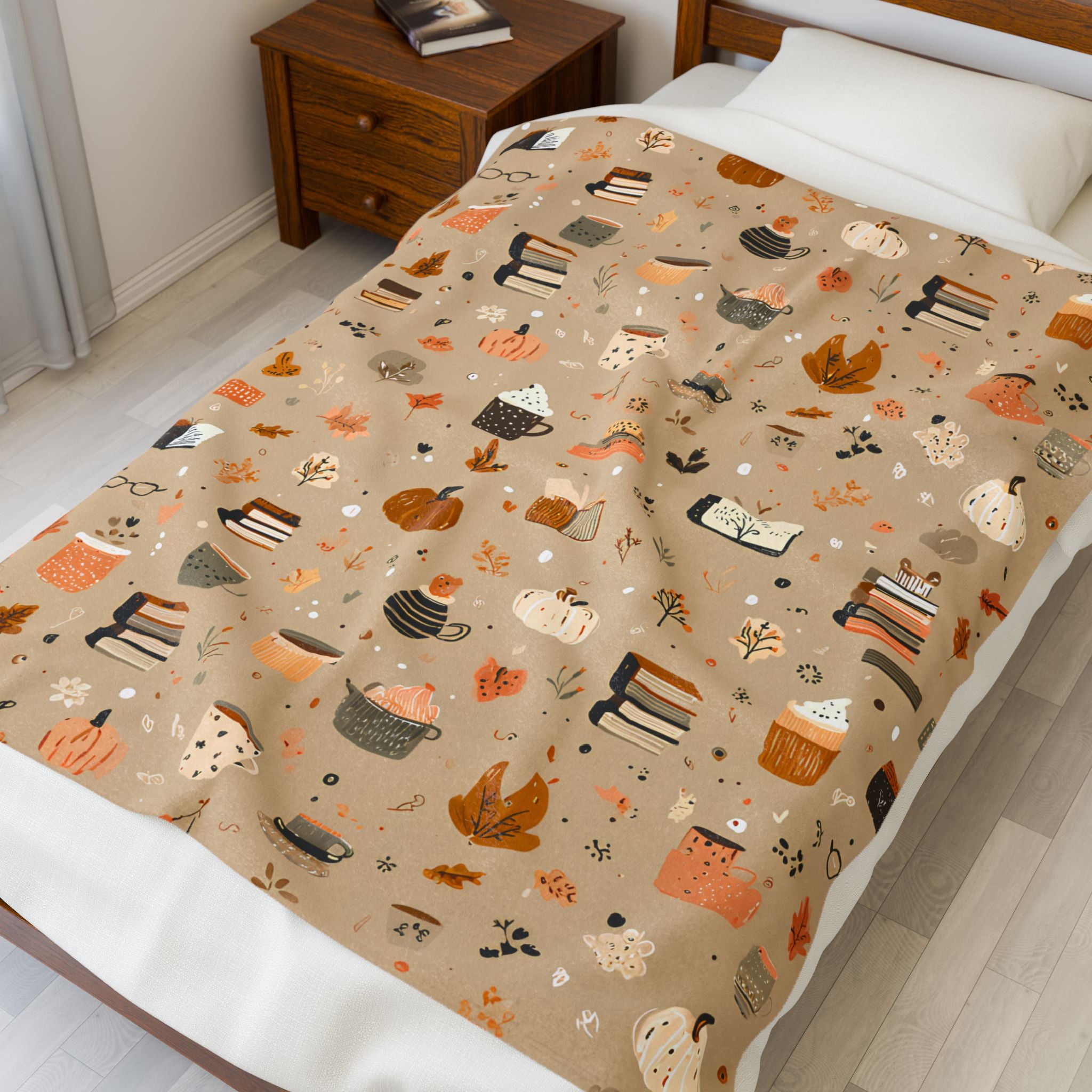 Cozy Velveteen Fall Blanket with Pumpkins Coffee Books Cottagecore Neutral Plush Throw