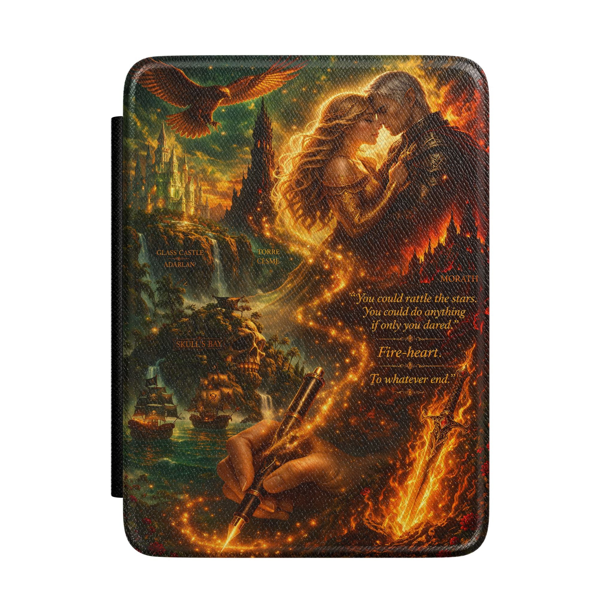 A tablet case featuring a detailed fantasy illustration with a glowing woman, a man in armor, a fiery landscape, a bird, and a hand holding a sword. The case is shown on a plain white background.