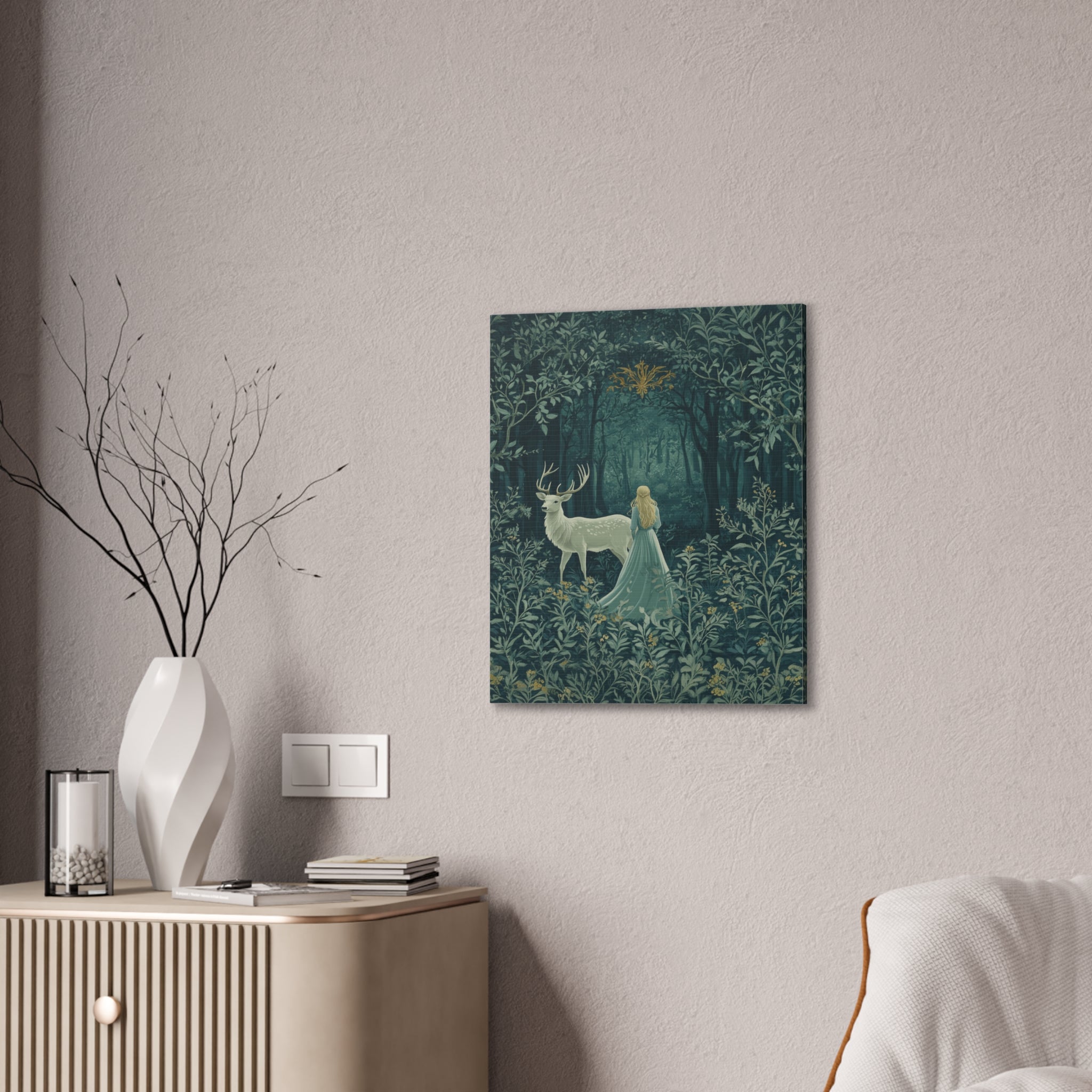 Enchanted Forest Stag & Maiden Canvas Wall Art Mystical Woodland Nature Lover Home Décor