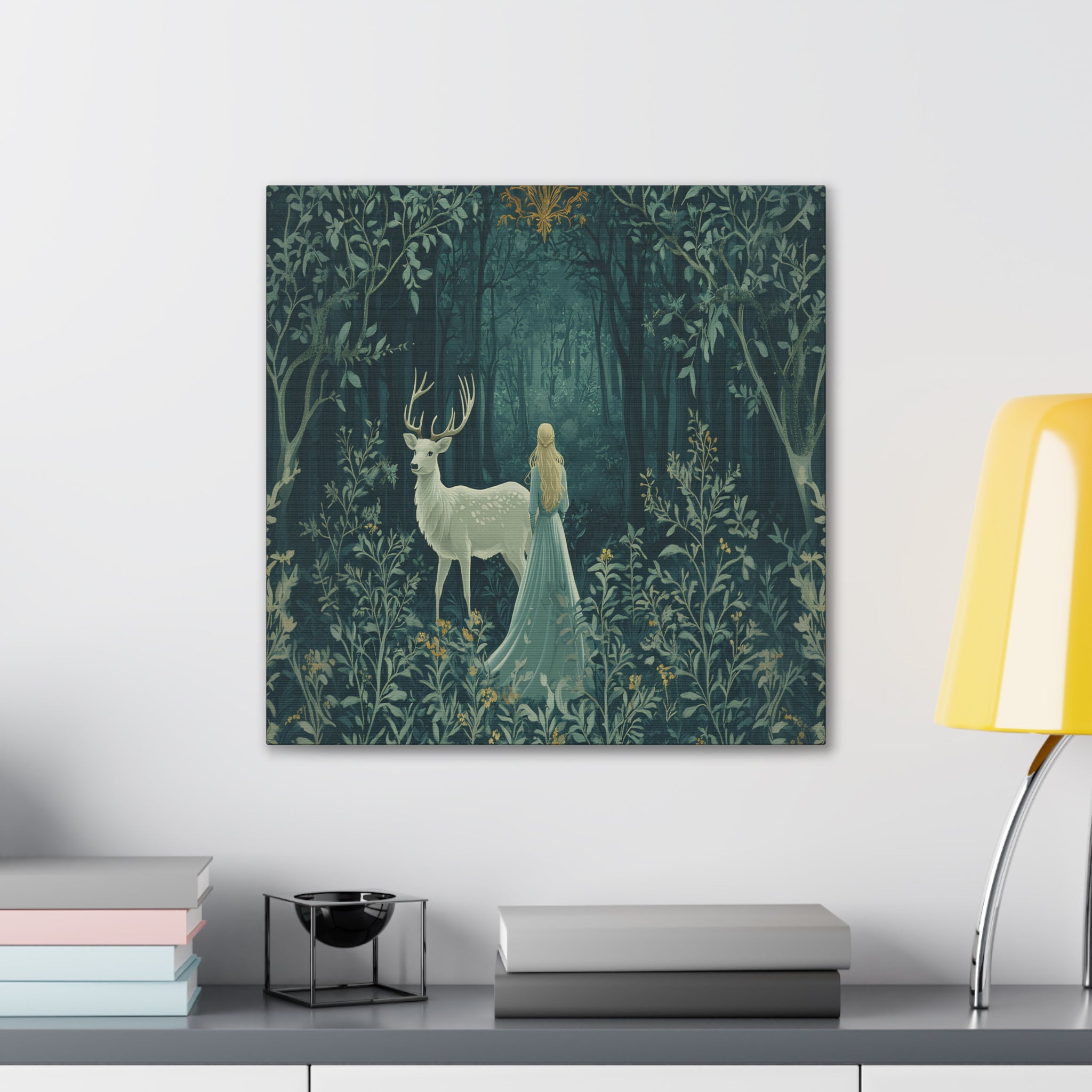 Enchanted Forest Stag & Maiden Canvas Wall Art Mystical Woodland Nature Lover Home Décor