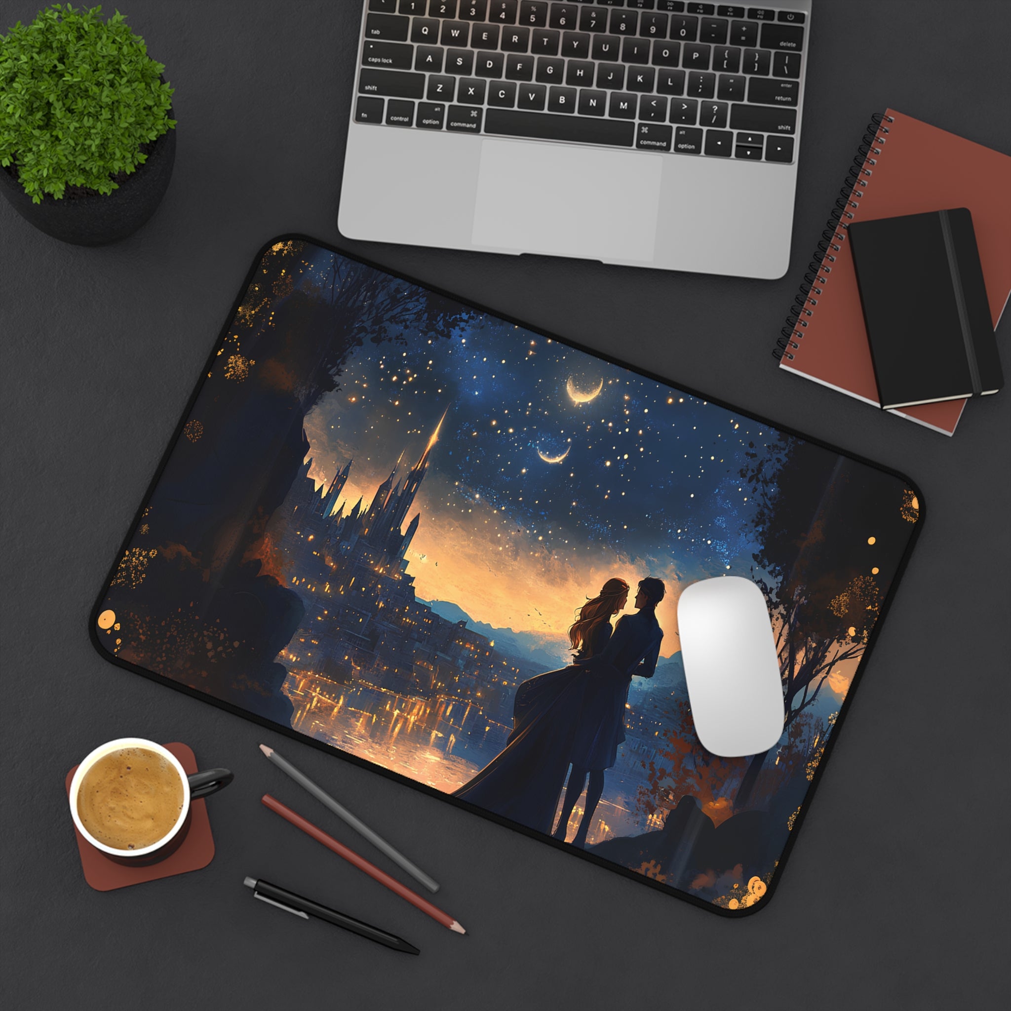 Smooth neoprene desk mat with fantasy lovers under the stars