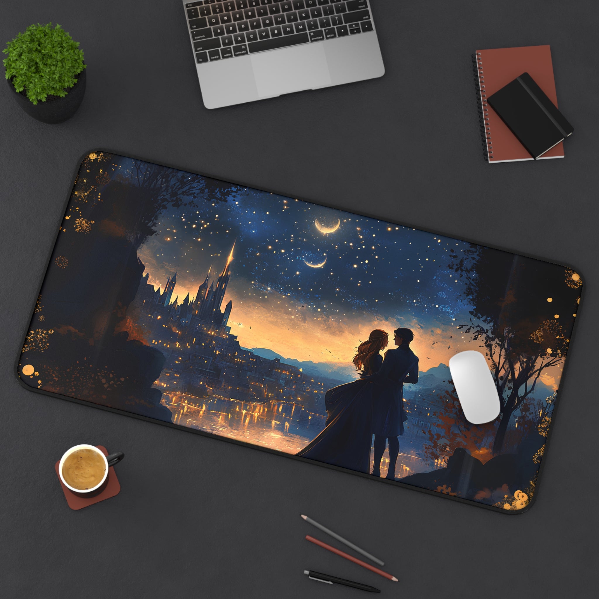 Fantasy inspired romantic couple desk mat for cozy workspace