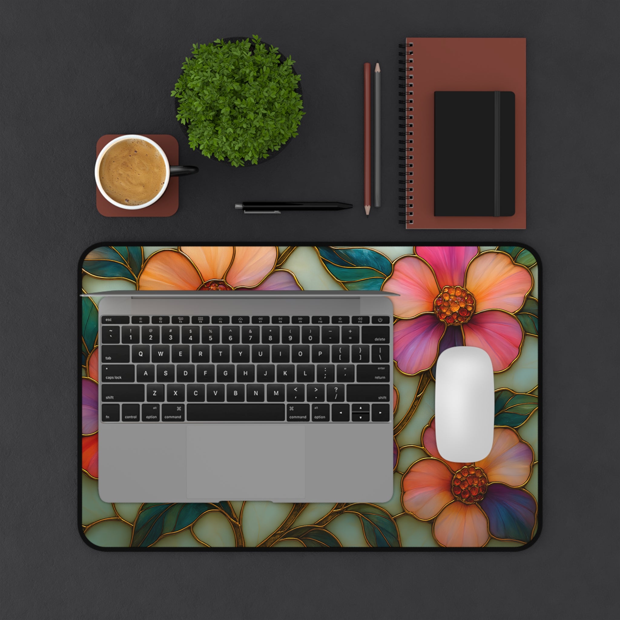 Wildflower Desk Mat Mousepad | Faux Stained Glass Floral Office Decor | Large Artistic Gaming Pad