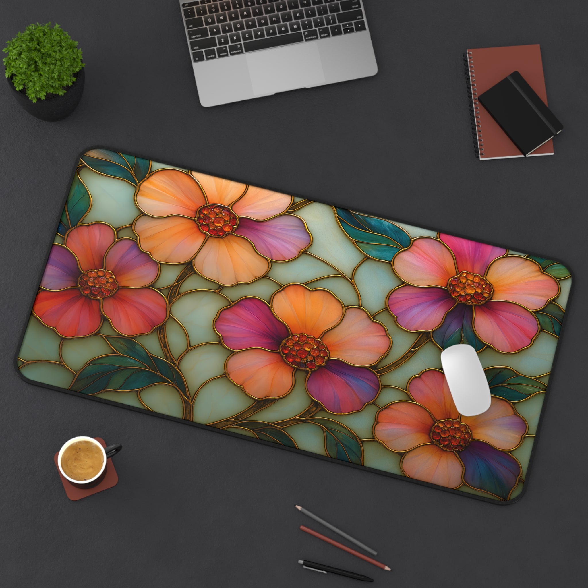 Wildflower Desk Mat Mousepad | Faux Stained Glass Floral Office Decor | Large Artistic Gaming Pad
